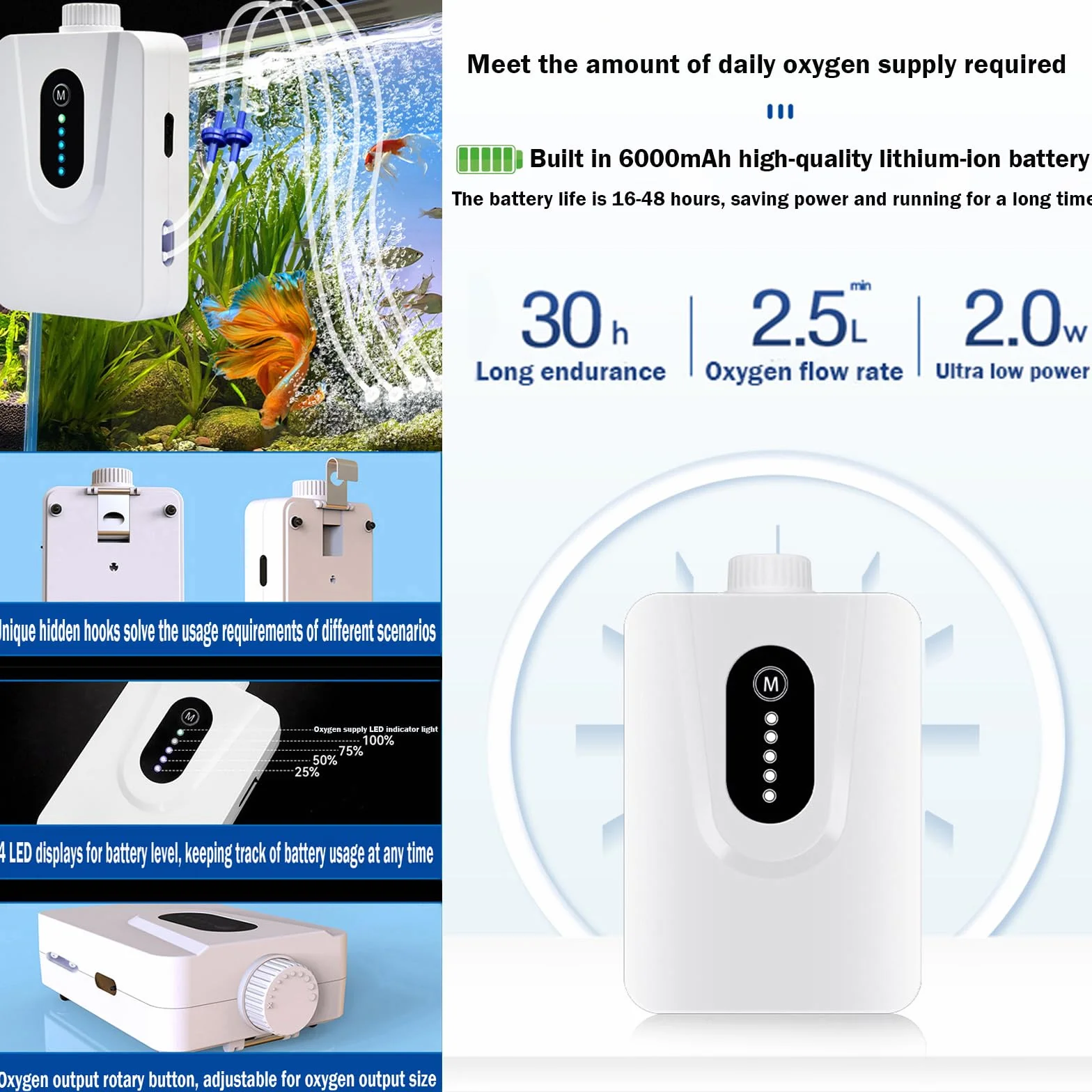 Pompe à air solaire 6 W avec batterie 6000 mAh, aérateur de bassin USB et solaire