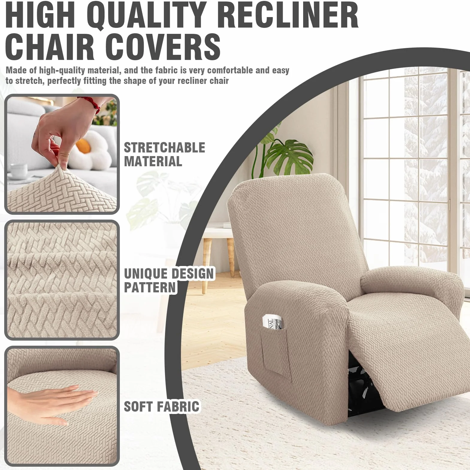 Housse Fauteuil Relax 1 Place Extensible avec Poches Jacquard Rayé Taupe 4 Pièces
