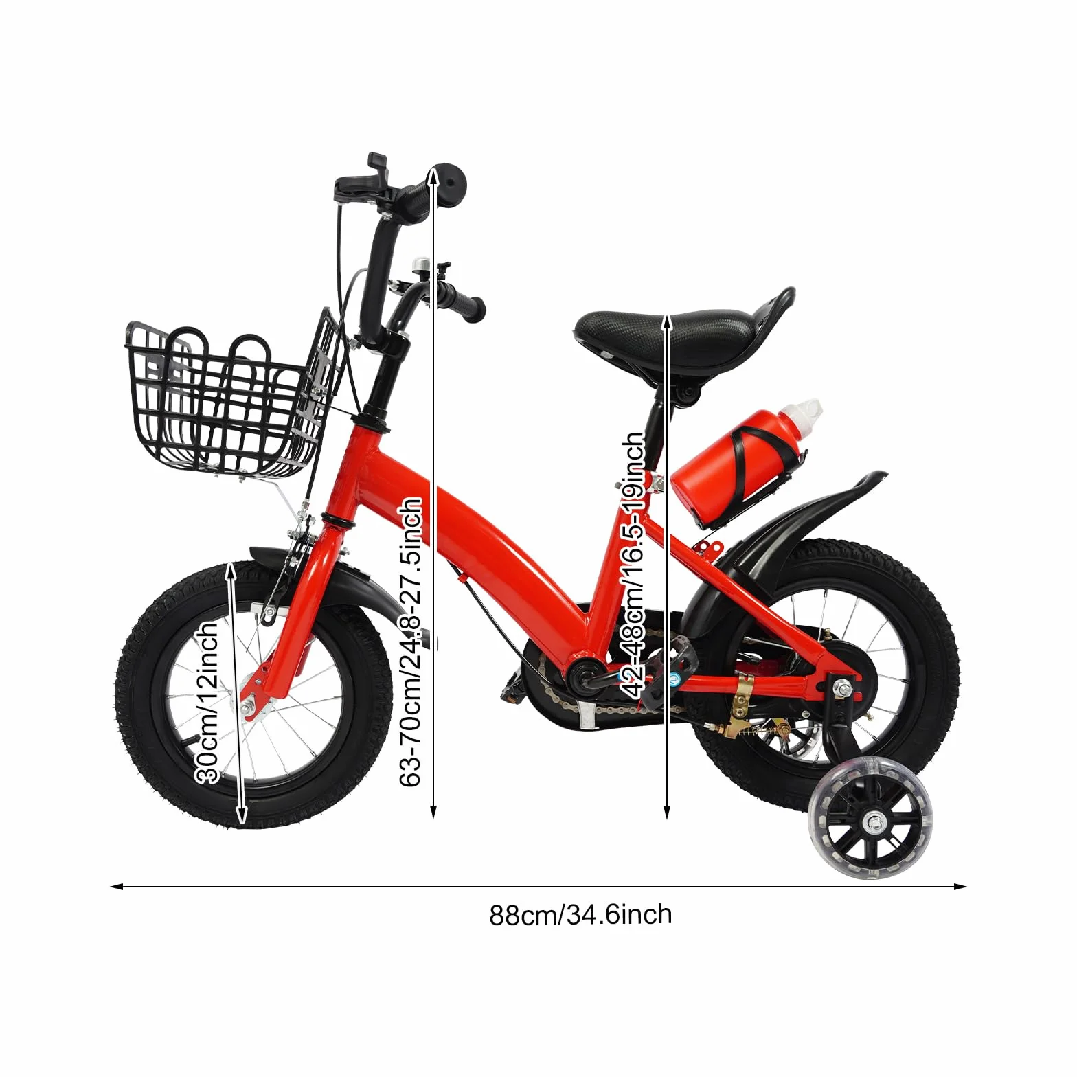Vélo pour enfant 12" avec roues stabilisatrices, panier et bouteille d'eau