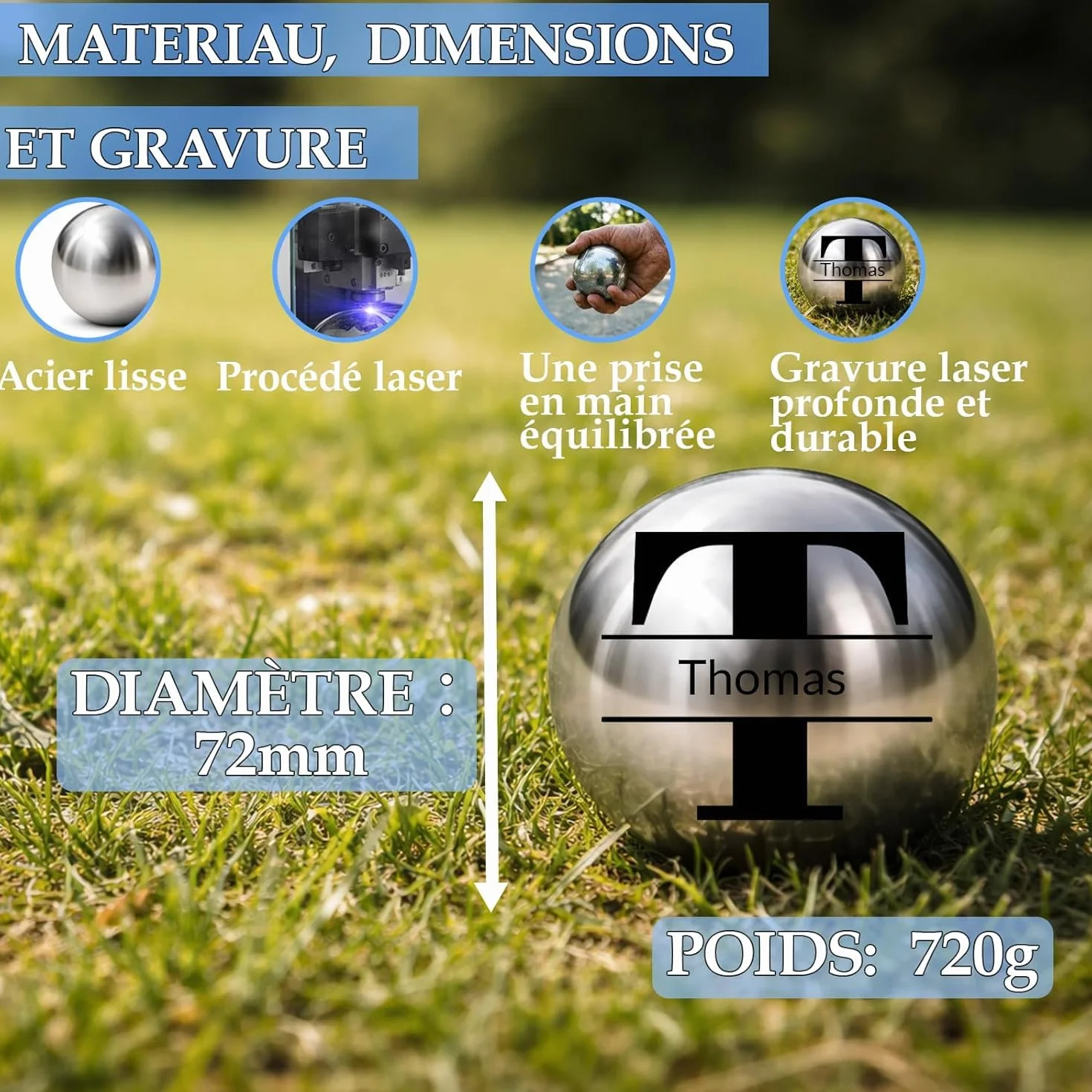 Boule de Pétanque Personnalisée 720g - Triplette avec Accessoires (Cochonnet, Sacoche, Mesureur) - Idée Cadeau pour Fête des Pères et Mères, Retraite, Anniversaire