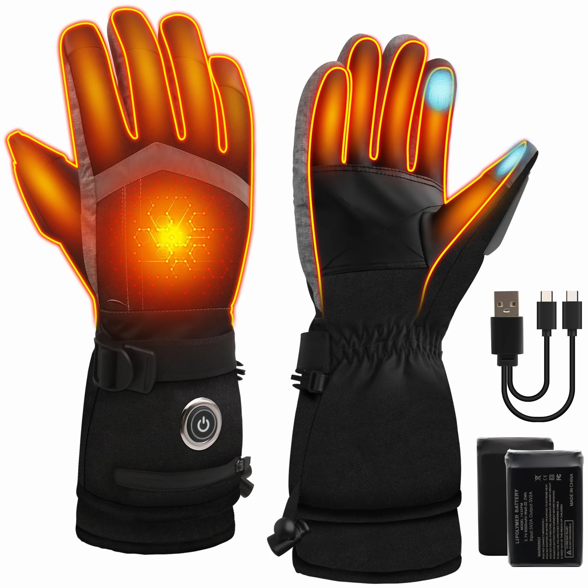 SVPRO Gants chauffants, 5 V 6000 mAh, rechargeables, pour homme et femme, gants chauffants électriques imperméables et coupe-vent pour le ski, la chasse, la moto, la randonnée, le travail en plein air