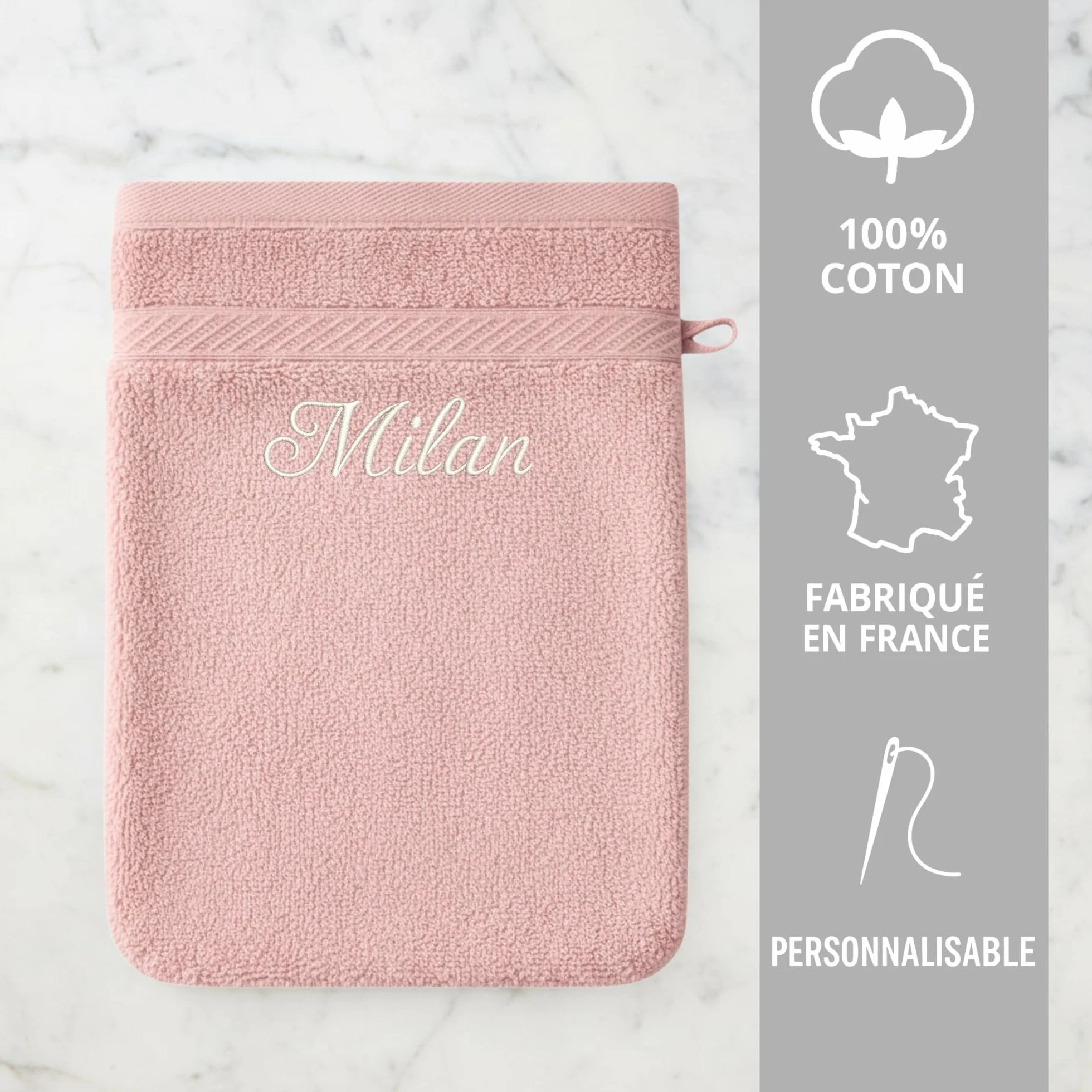 Gant de Toilette personnalisé Rose – Éponge Coton 15x21 cm – Broderie prénom ou initiales – Fabrication Artisanale française