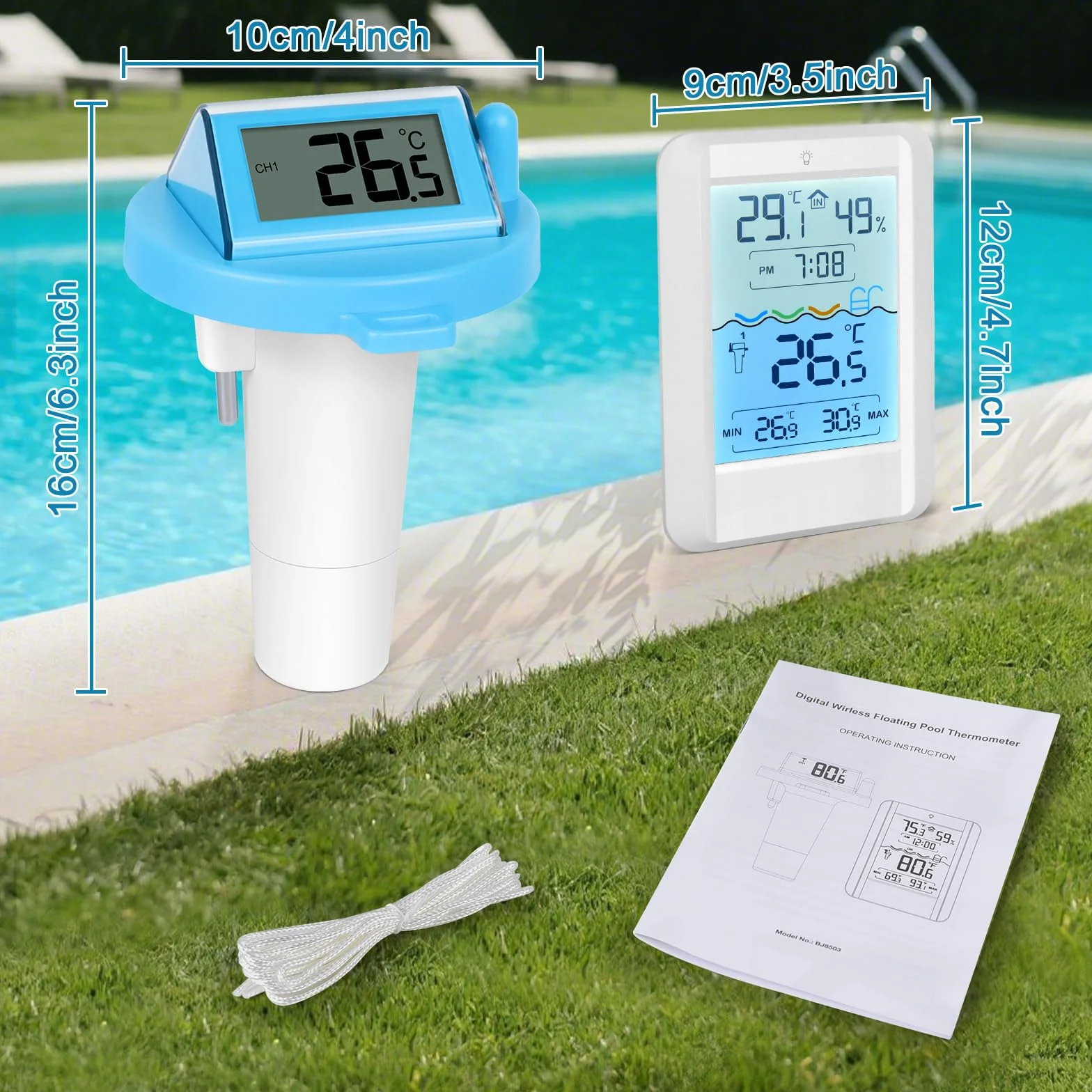 Thermomètre Piscine Solaire PATEMZON, Sans Fil Flottant avec Récepteur Radio LCD