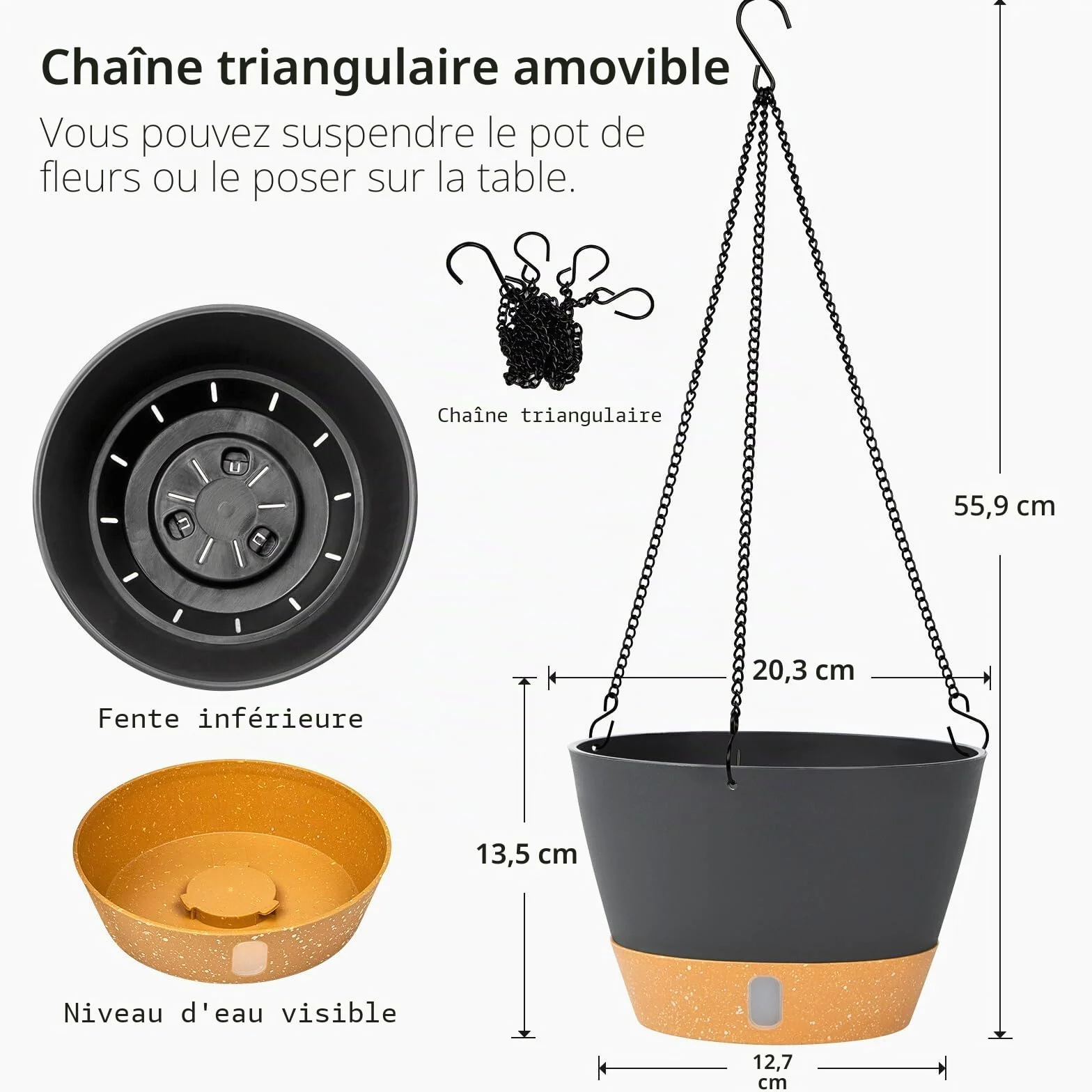 Lot de 2 Pots de Fleurs à Suspendre 20 cm Gris avec Trou de Drainage et 3 Crochets