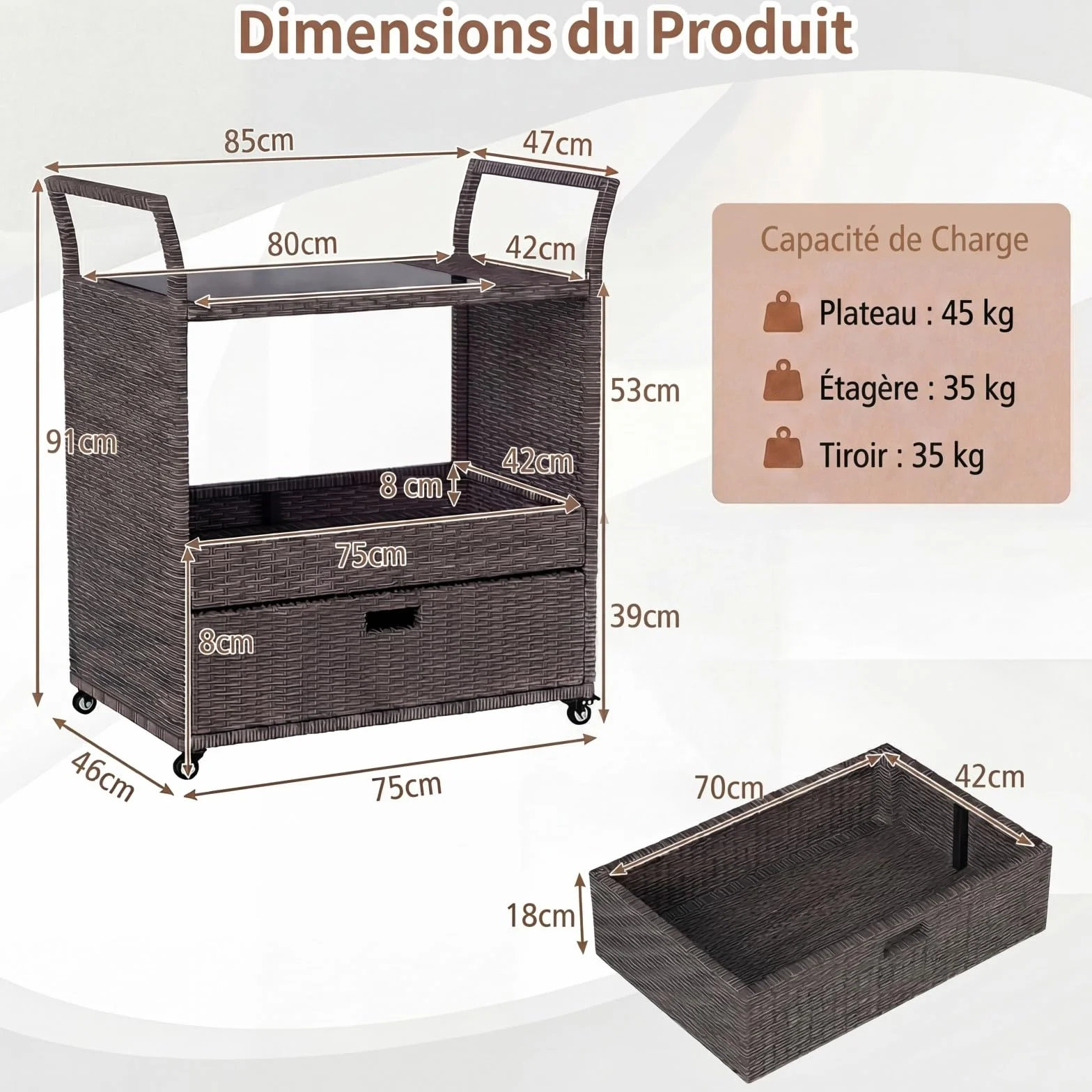 SOARS Desserte Exterieur Rotin PE Chariot Plancha Roulettes Plateau Verre Barbecue Jardin Patio