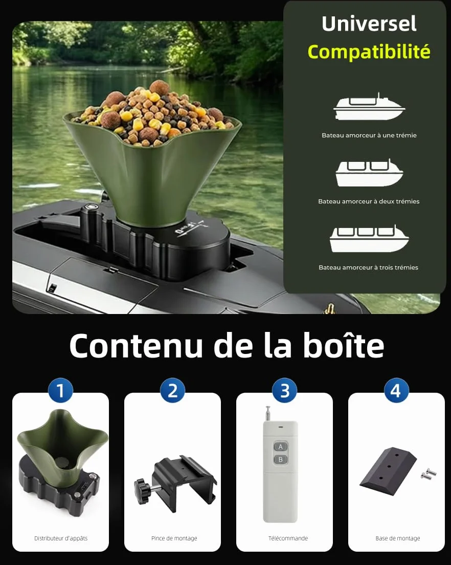 Éparpilleur d'Appâts Rotatif pour Bateau Amorceur, Diamètre 8m, Accessoire Pêche Carpe