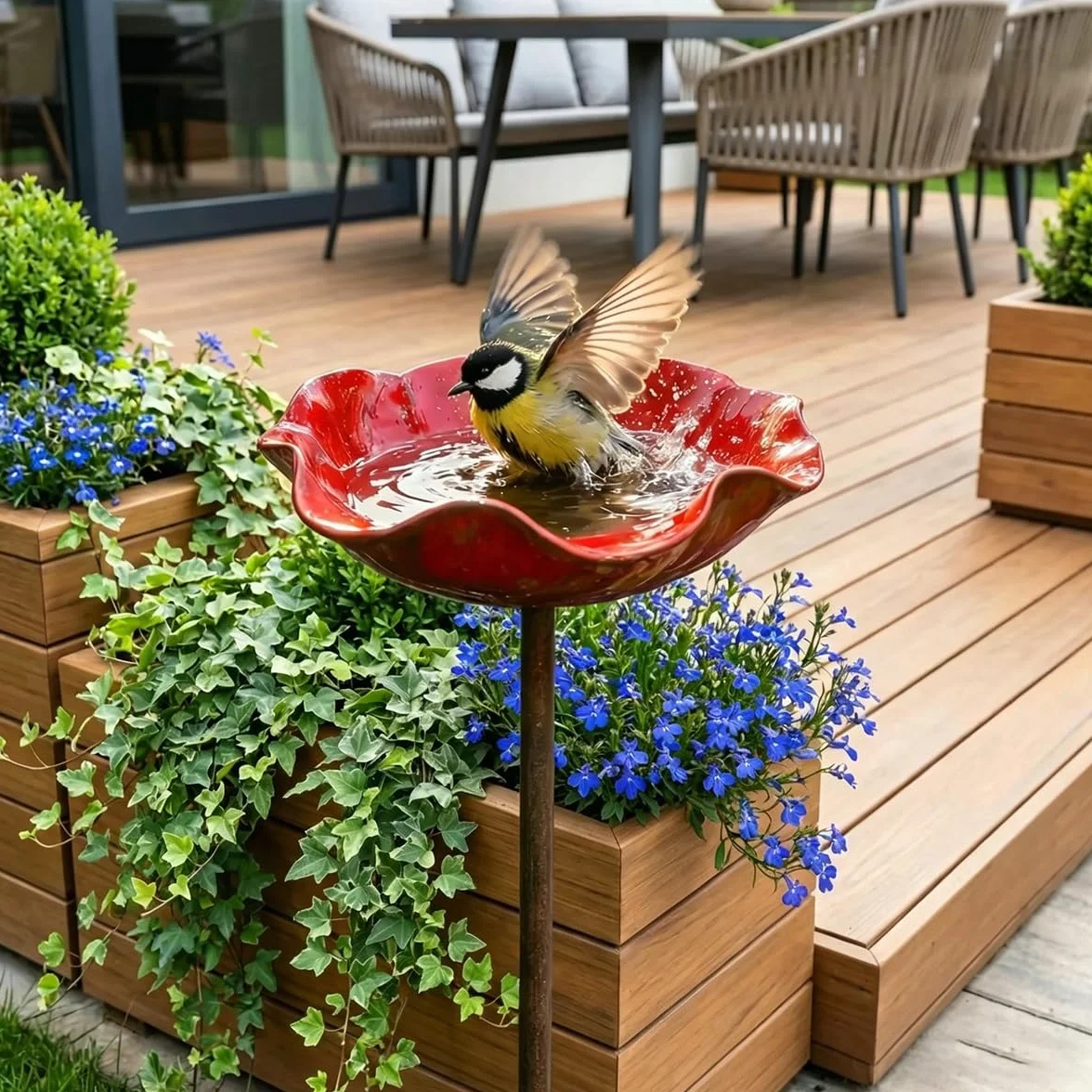Jardinière de Jardin en Métal Faite à la Main, Bassin pour Oiseaux et Fleurs d'Extérieur, Décoration pour Pelouse, Cour et Jardin (Rose Rouge)
