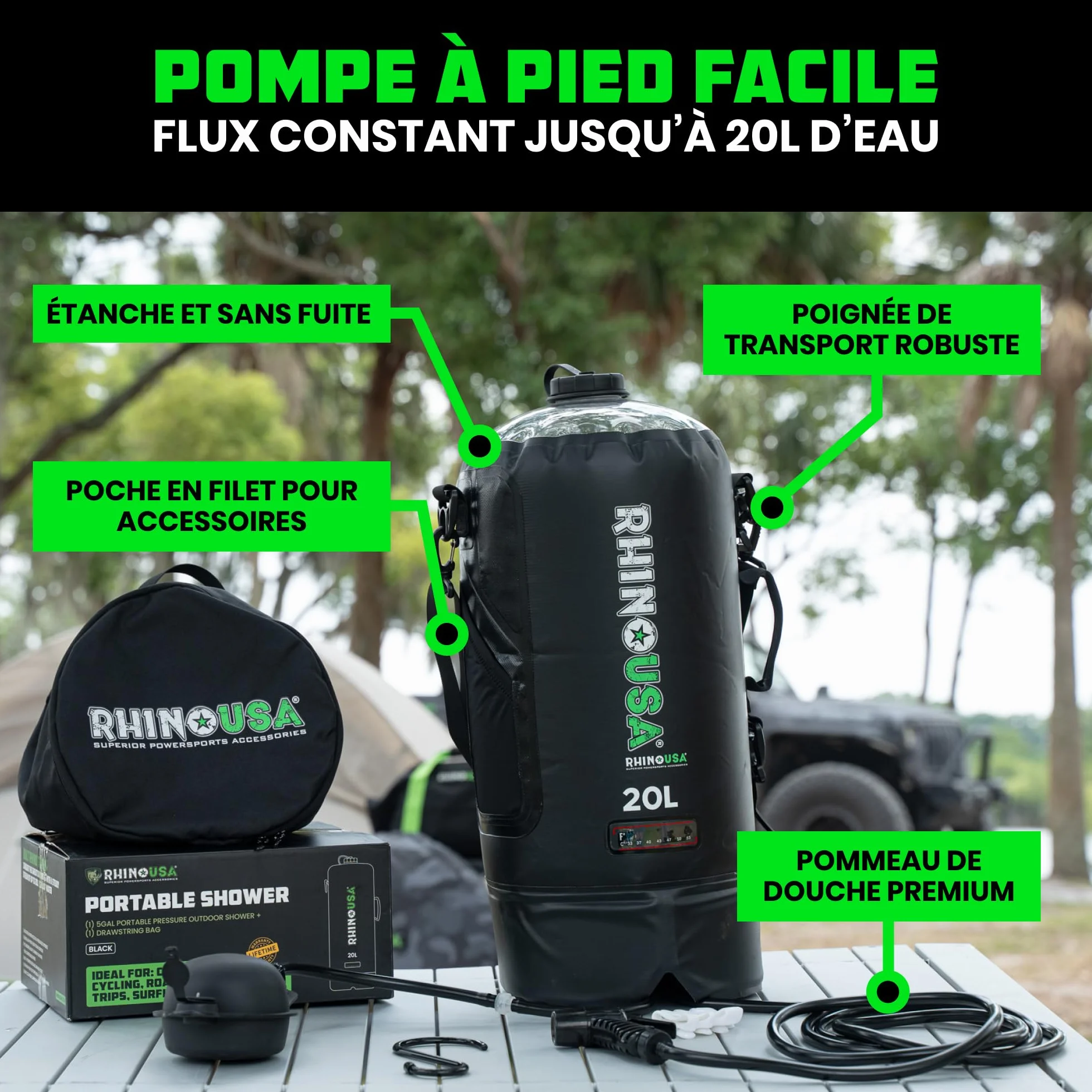 Rhino USA Douche solaire portable de 20 L - Indispensable pour le camping, les festivals, les voyages à la plage, la douche en plein air et plus encore