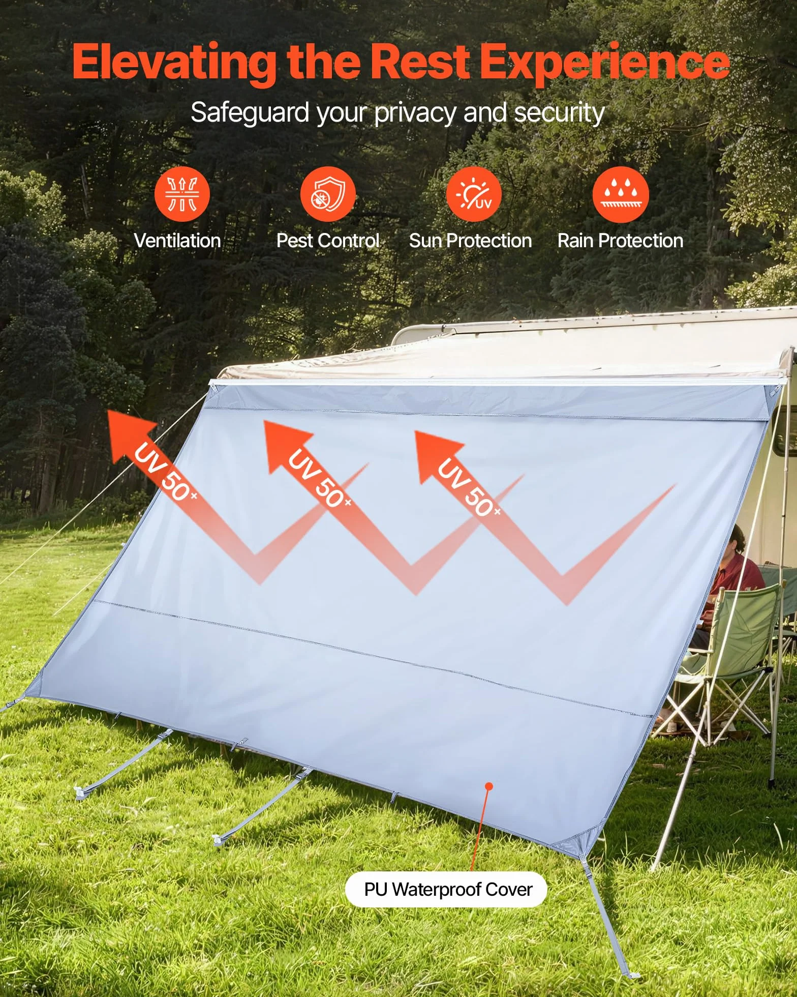 VEVOR Paroi Avant pour Store de Camping-Car 2x3,7 m, Façade de Store Compatible avec Auvent 4 m, Pare-Soleil Caravane Voyage, avec Couverture Zippée en PU UV50+, Maille Polyester Double Couture