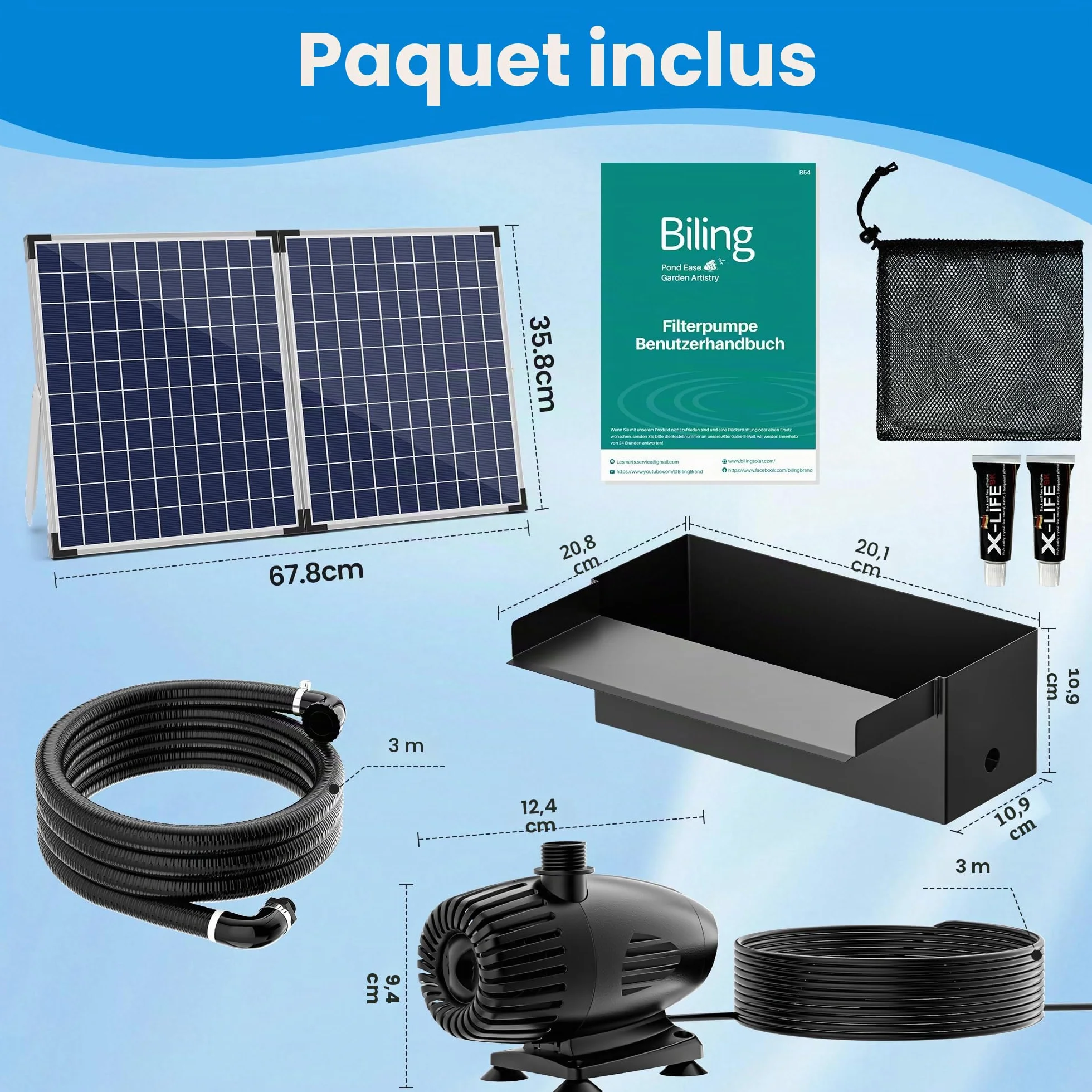 Kit de cascade solaire pour bassin 70 W 30 cm acier inoxydable pompe à trop-plein
