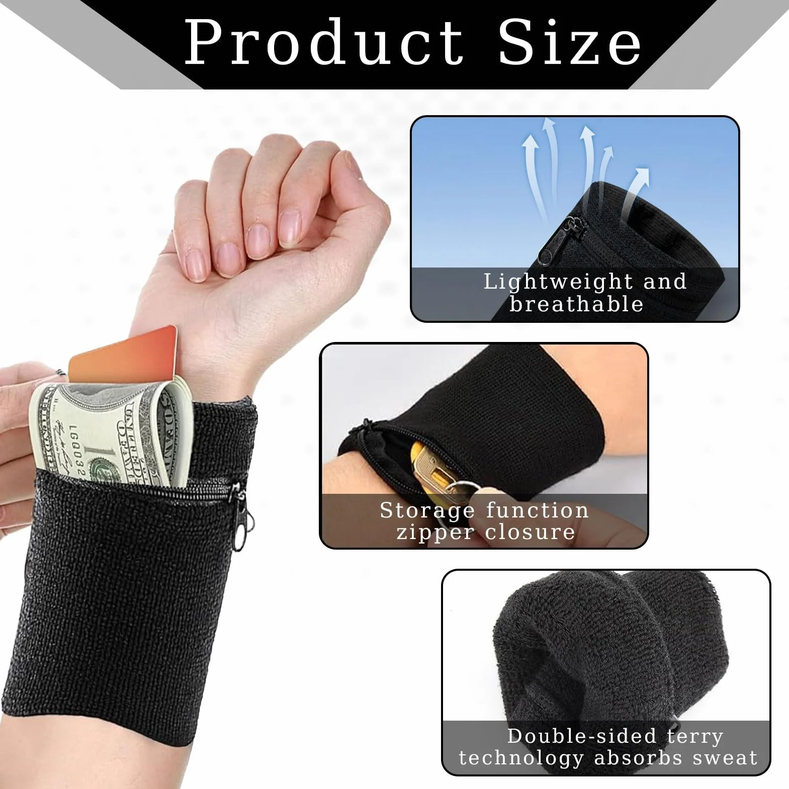 Lot de 2 sacs de poignet bandeau éponge avec fermeture éclair poche zippée pour sport course