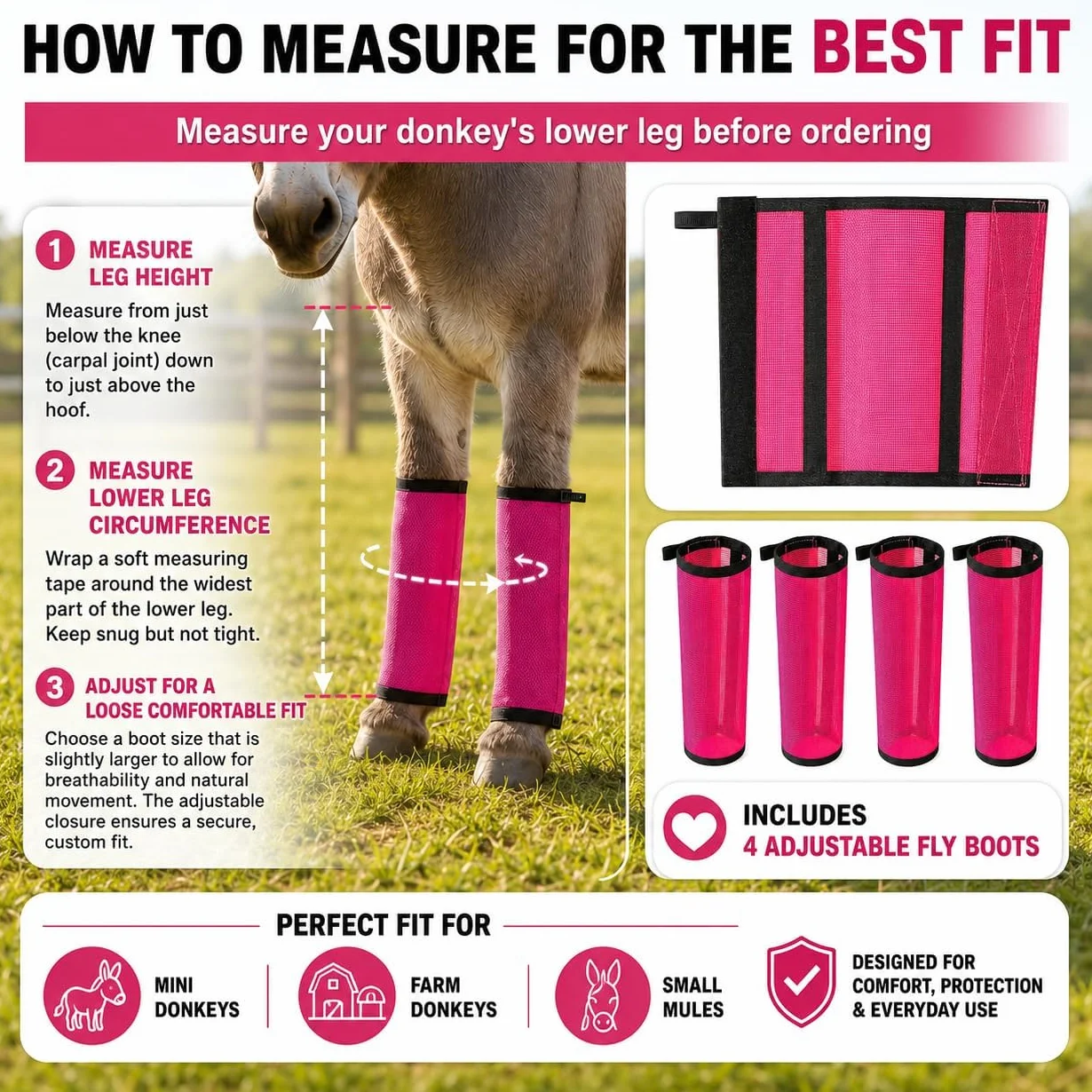 Bottes Anti-Mouches pour Ânes Miniatures Lot De 4 Protection Intégrale Membres Antidérapantes Ajustables