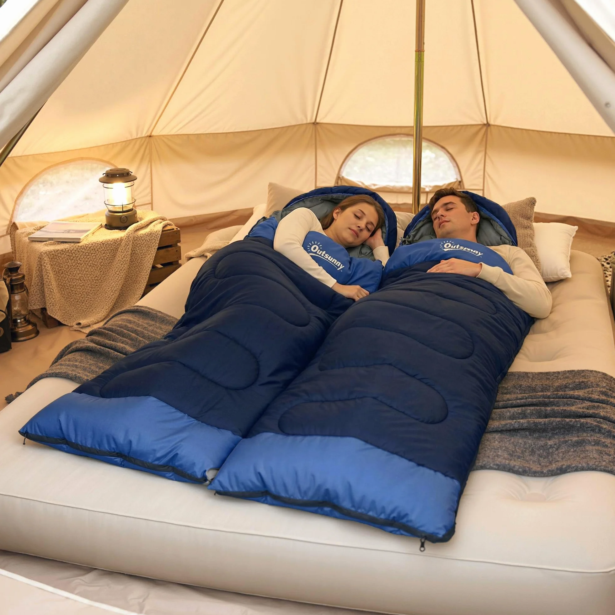 Outsunny Sac de Couchage Adulte Coton Creux 300 g/m² pour Camping Randonnée