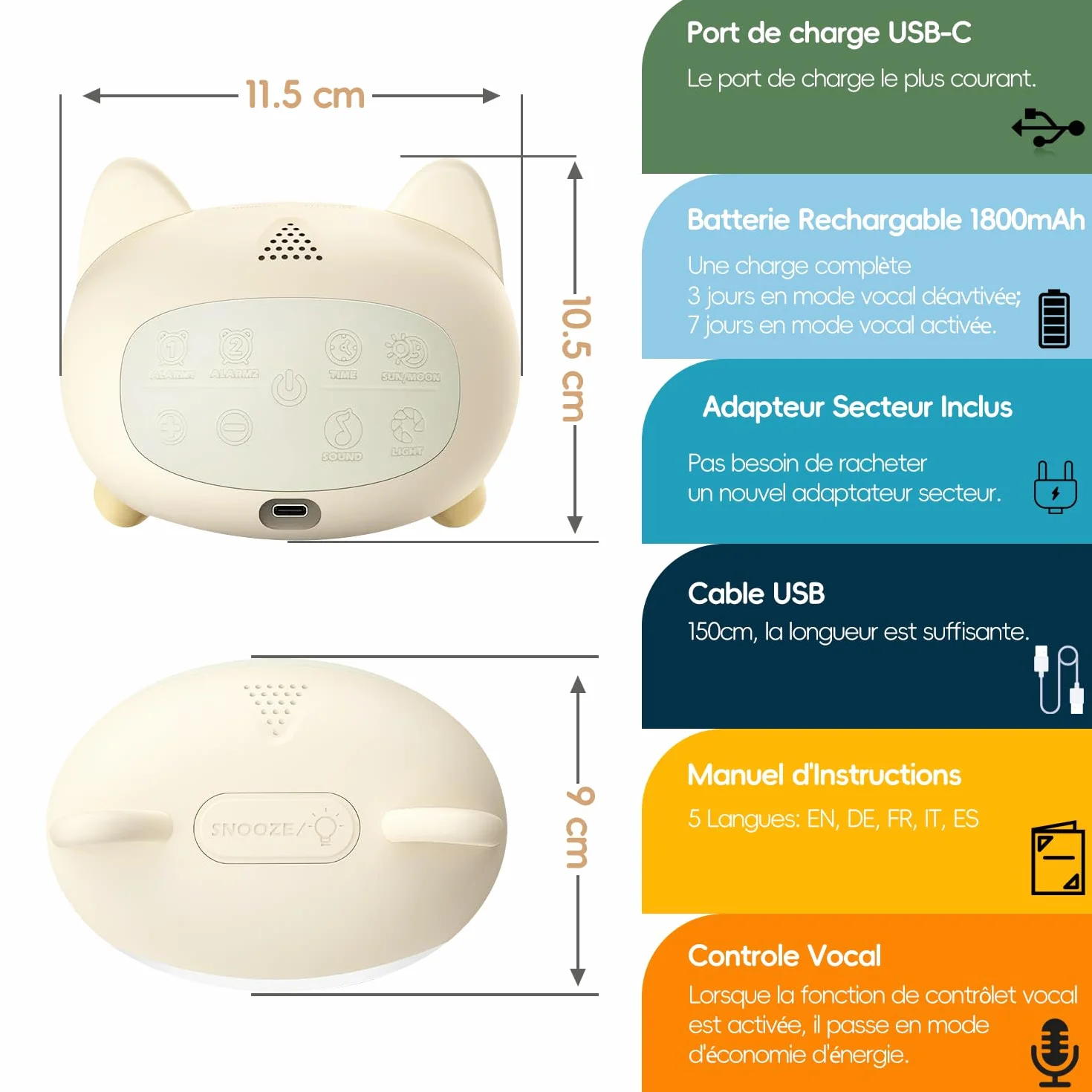 Réveil Enfant éducatif Jour/Nuit avec 2 Réveils Alarmes - Mode Weed-End - Veilleuse - Son de Sommeil - Rechargeable