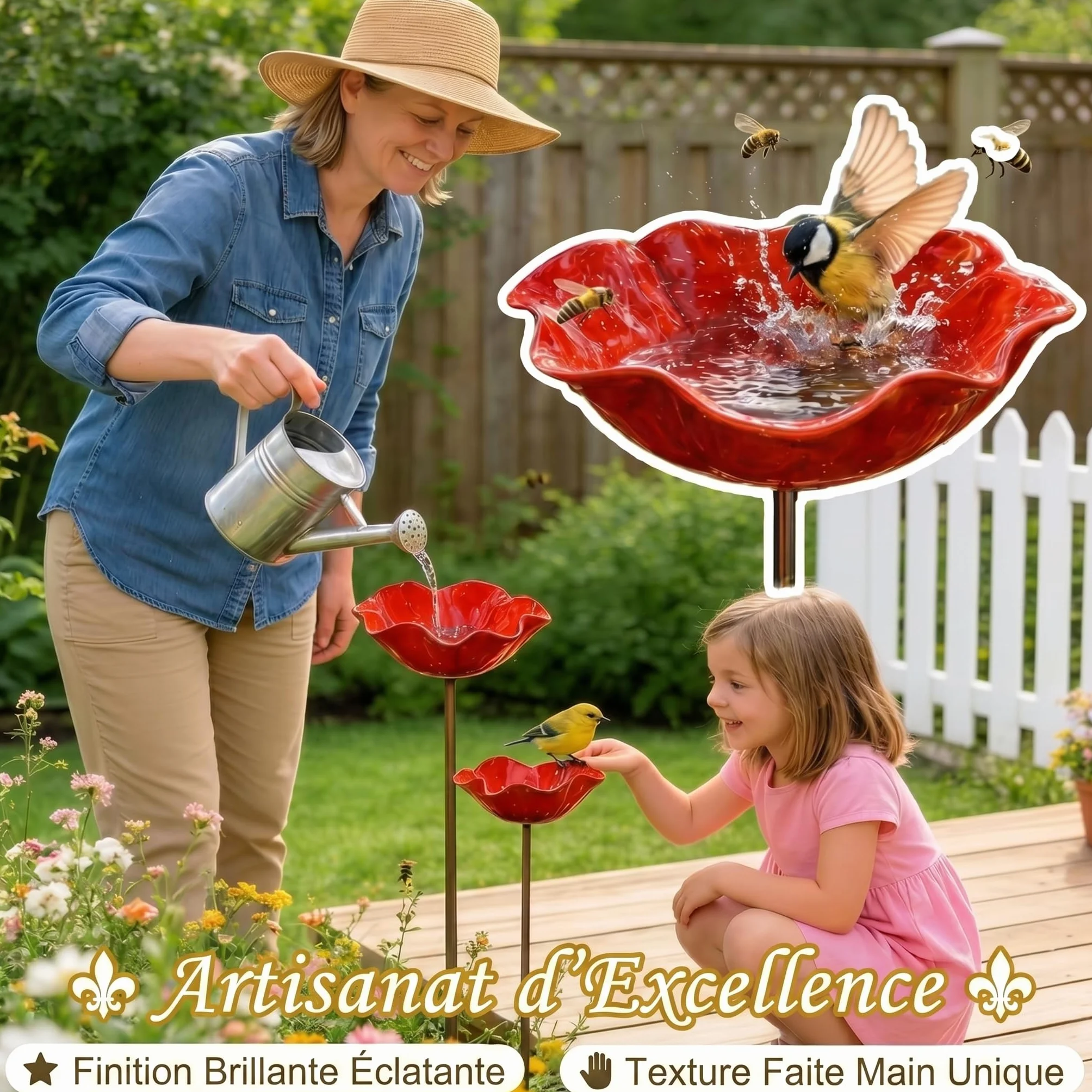 Mangeoire Oiseaux Extérieur Métal sur Pied 3 Pièces Forme Fleur pour Jardin