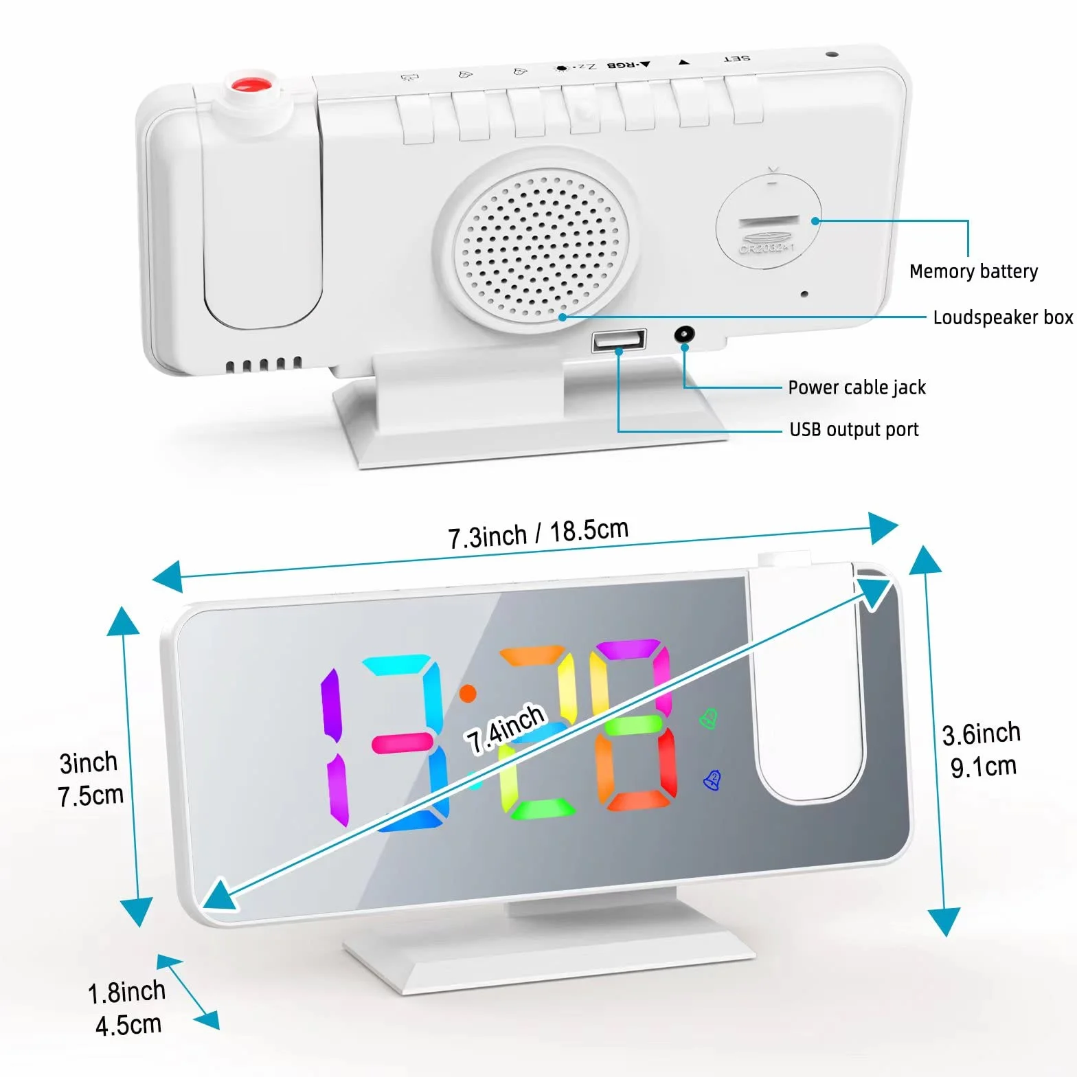 ThreeH Réveil Numérique à Projection avec Miroir LED RGB et Chargeur USB Double Alarme Blanc