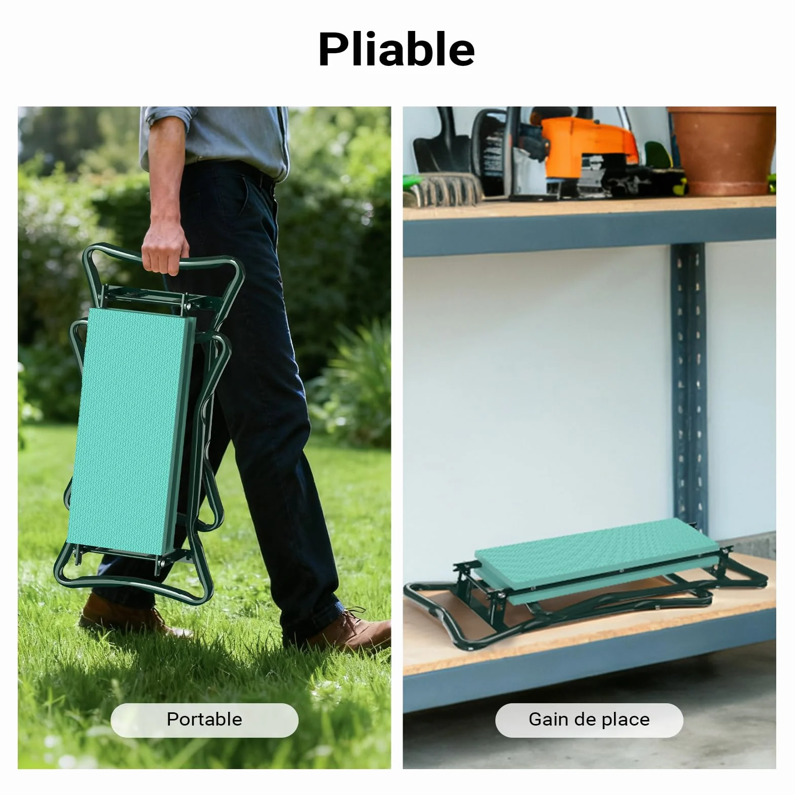 WilTec Tabouret de Jardinier 2 en 1 Pliable 600x280x490 mm 150 kg Fer EVA Agenouilloir Jardinage avec Poche