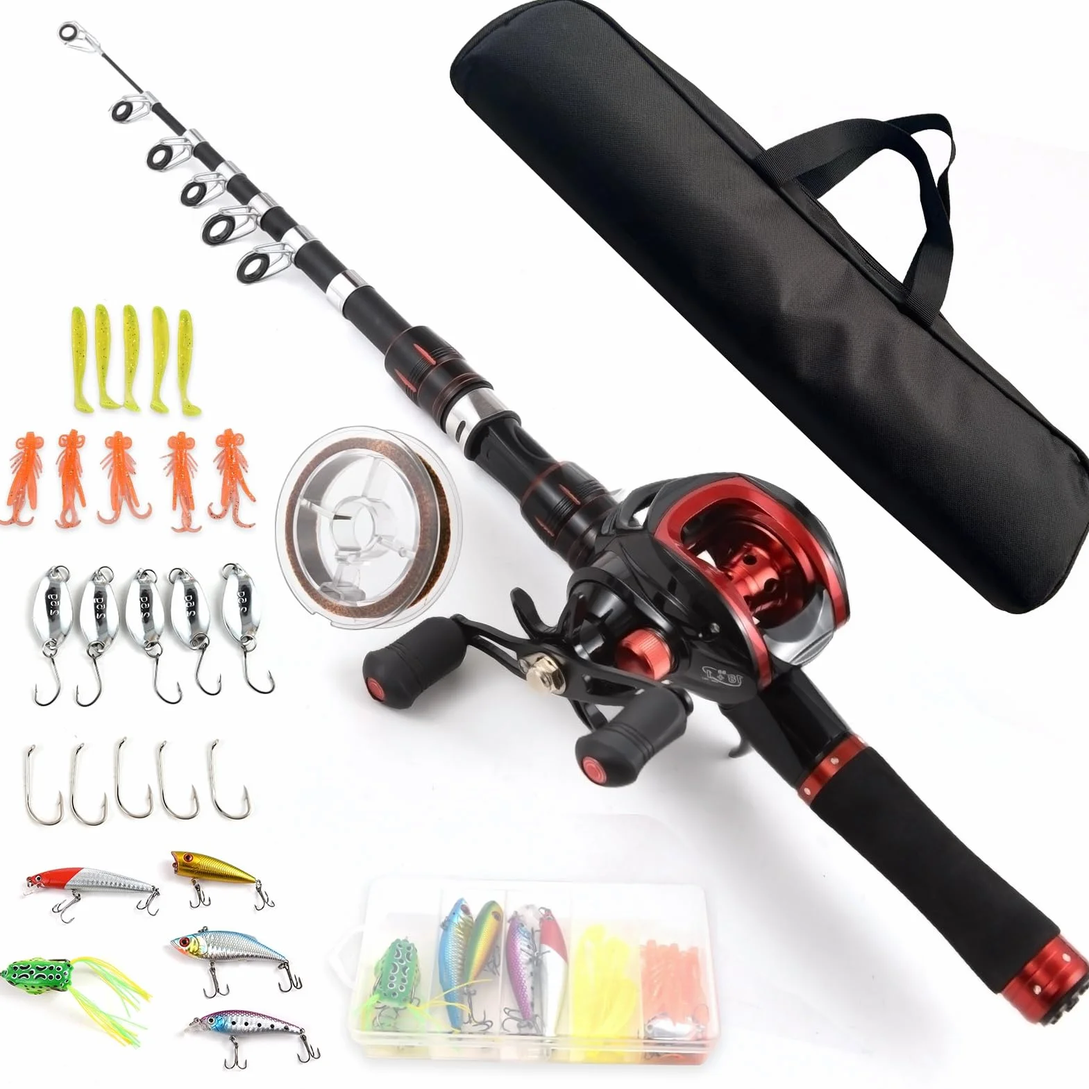 Canne à pêche télescopique 2,4 m Moulinet baitcasting gaucher
