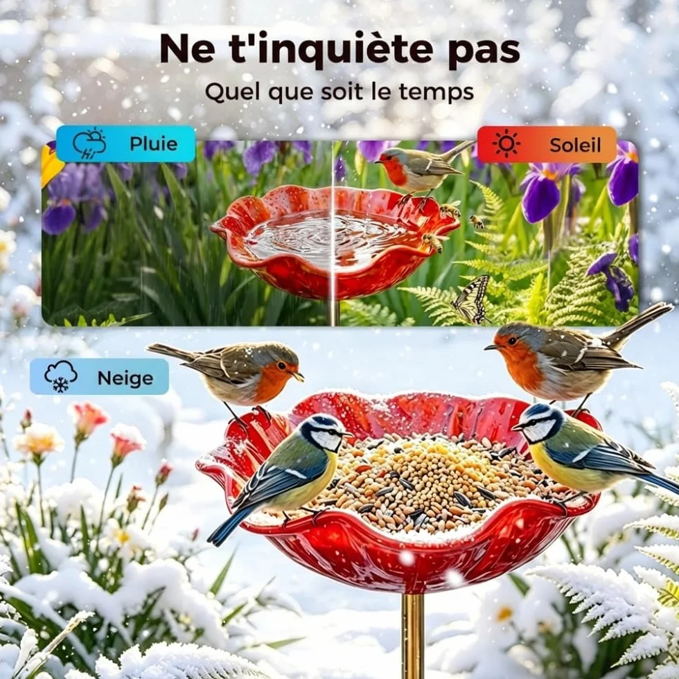 Mangeoire Oiseaux Exterieur en Fonte, Abreuvoir Bain Oiseaux Hauteur, Decoration Jardin (Rouge 2 Pcs)