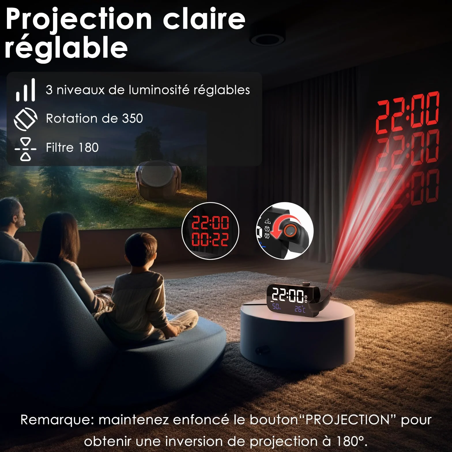 MOSUO Réveil Projecteur Plafond Numérique LED avec Température Humidité Snooze Activation Sonore Luminosité Réglable