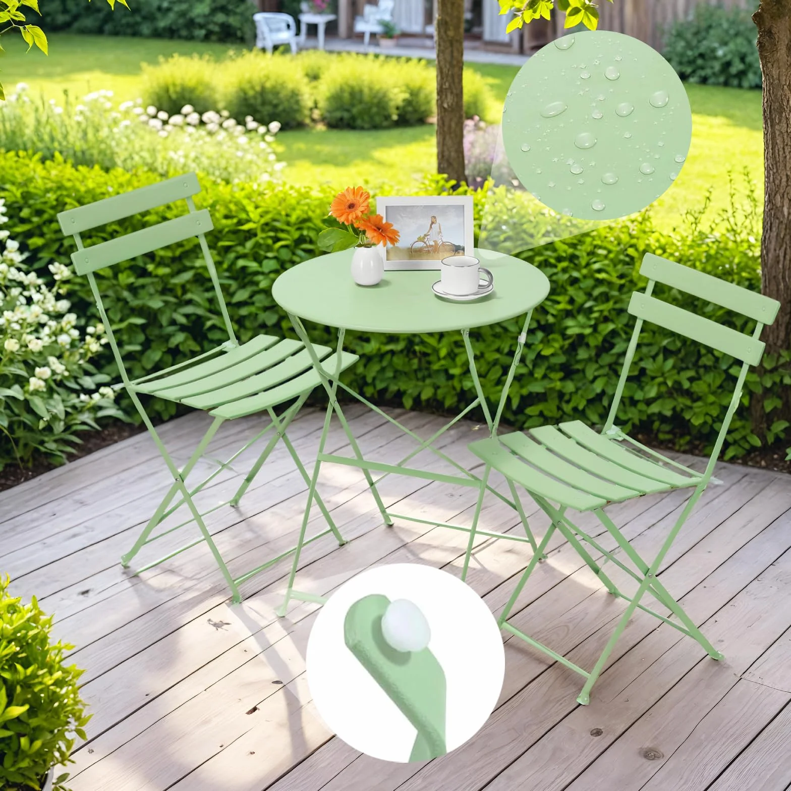 LIFERUN Salon de Jardin Bistrot Pliable, Set de Bistrot en Métal, Table et 2 Chaises Pliantes, 3 Pièces, Vert