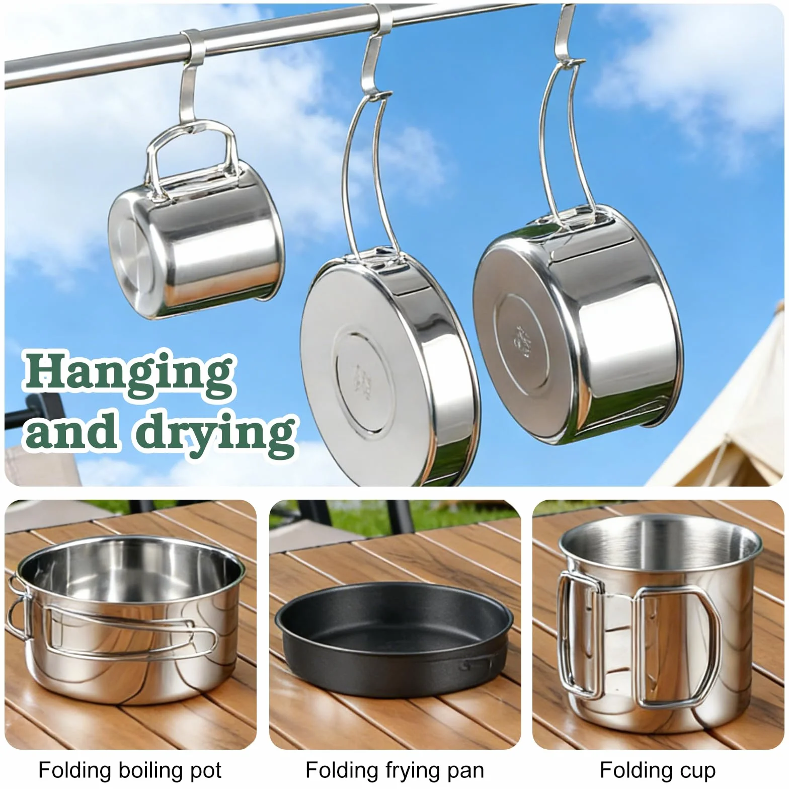 Lot de 5 Batterie de Cuisine de Camping, Kit de Casseroles Camping, Kit de Casseroles de Camping, en Acier Inoxydable avec Sac de Rangement et gobelet Pliable pour 1 à 3 Pique-niques