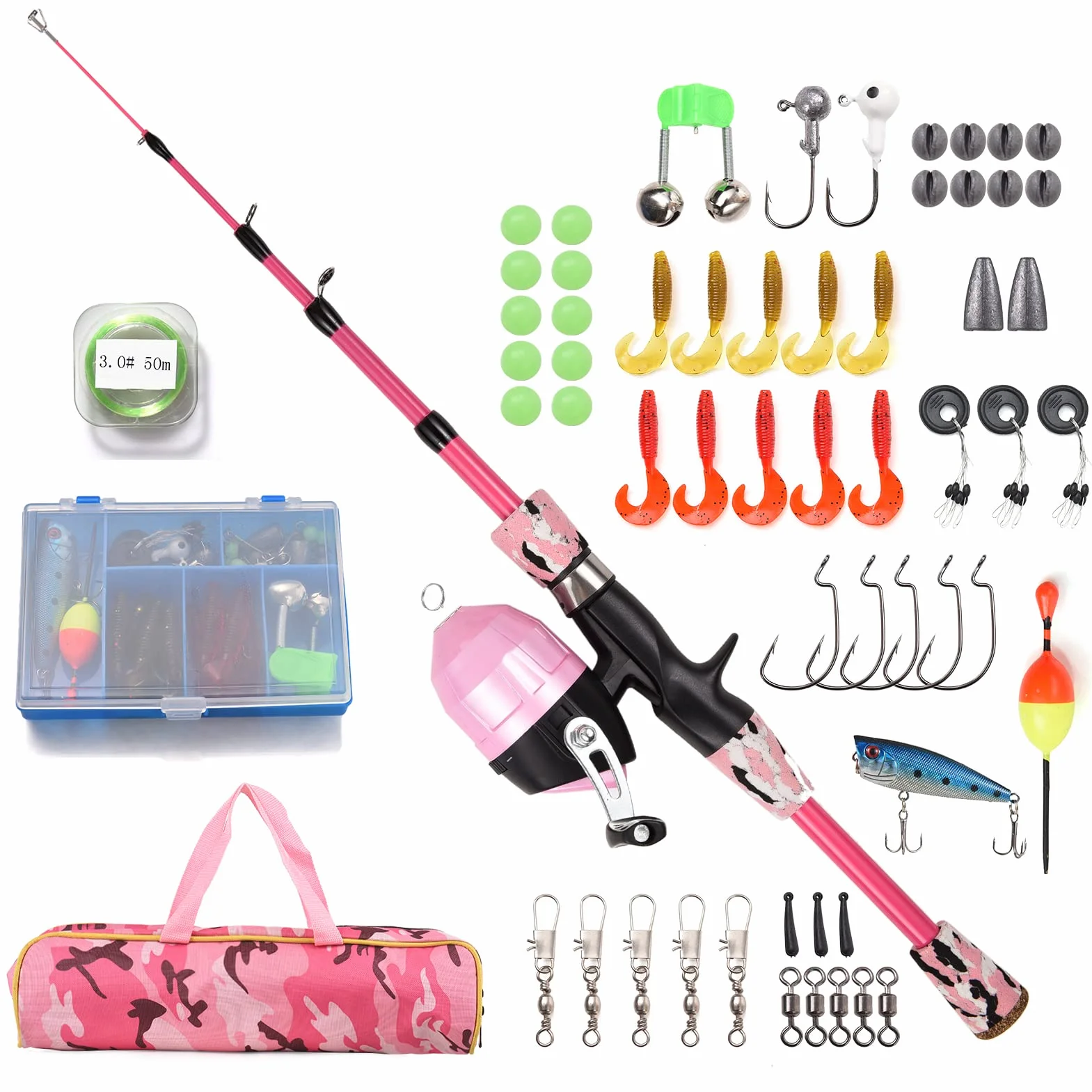 Lixada Kit de pêche pour enfants, canne télescopique 1,2 m/1,5 m/1,8 m, avec moulinet et appât