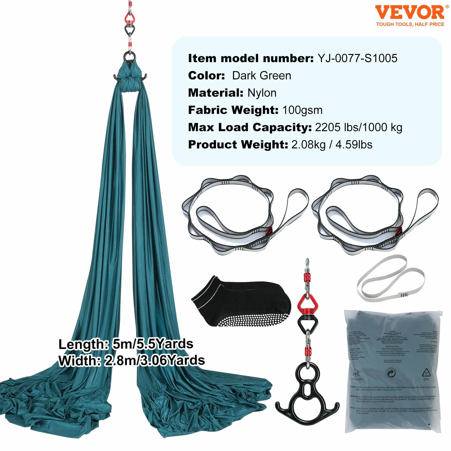 VEVOR Hamac de Yoga Aérien 5x2,8 m Kit Balançoire de Yoga Inversion Danse Aérienne en Nylon 100 g/m² Charge 1000 kg Vol Anti-gravité d'Air pour Fitness Musculation Pilates Gym Maison Studio Vert