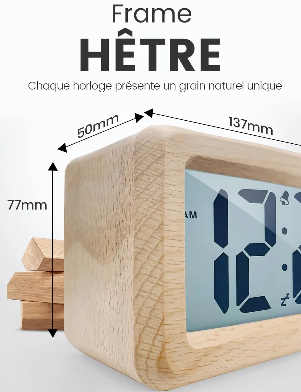 aboveClock Réveil Numérique en Bois avec LCD, Date, Température, Snooze, Alimenté par Piles AAA