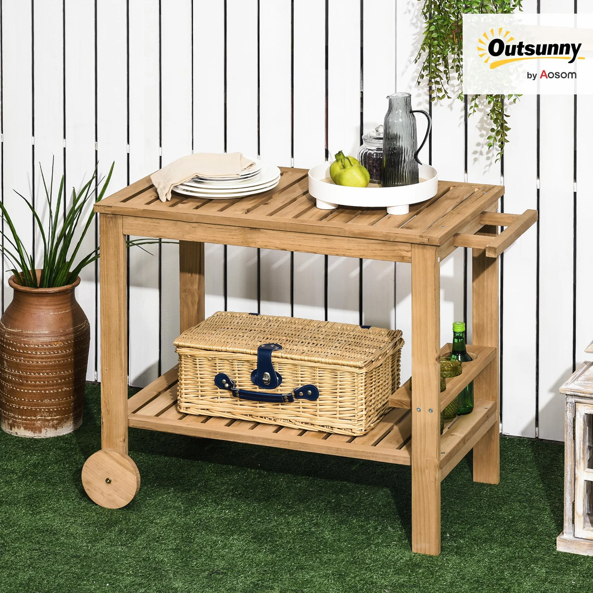 Outsunny Desserte de Jardin Chariot pour plancha Barbecue en Bois 95 x 47 x 74 cm