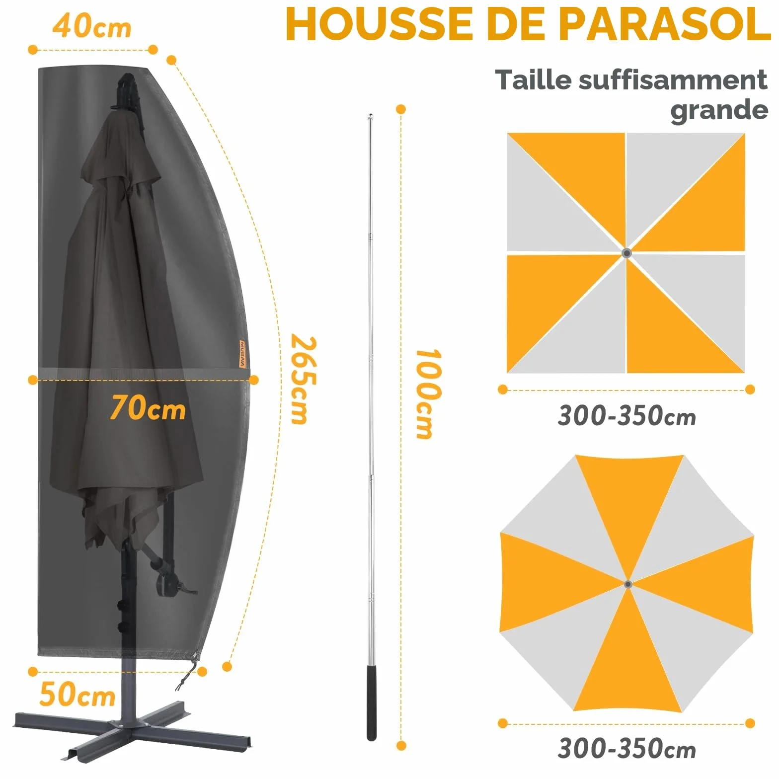 Housse Parasol Deporte 3x3 420D Oxford Imperméable avec Sac de Rangement et Perche Télescopique 265x40/70/50 cm