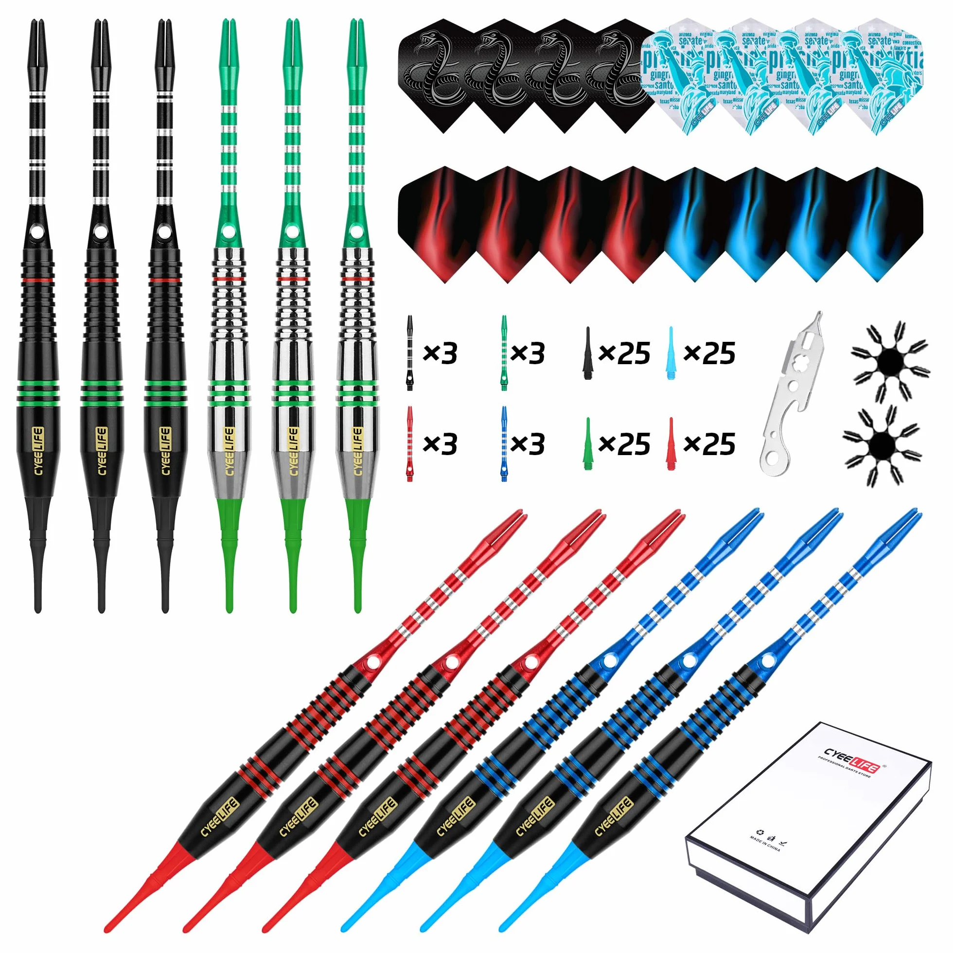 CyeeLife Flechette Pointe Plastique Fléchettes 12pcs 18Grammes avec 16 Ailettes et 100 Pointe Flechette Plastique,Set de Flechettes à Pointe Souple pour Cible de Flechette Electronique,Sûre et Durable