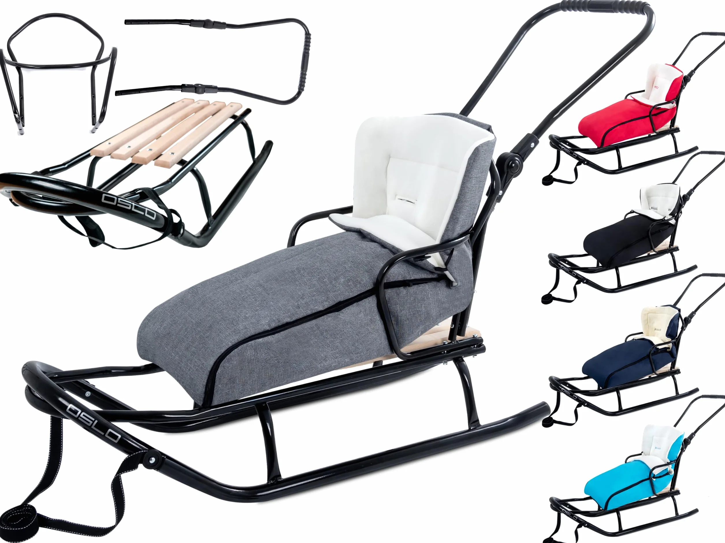 Luge GagaDumi Oslo en métal avec Dossier avec Ceintures de sécurité, Barre de poussée et chancelière, Luge pour bébé, idéale pour Les Enfants et Les Adultes, Charge jusqu'à