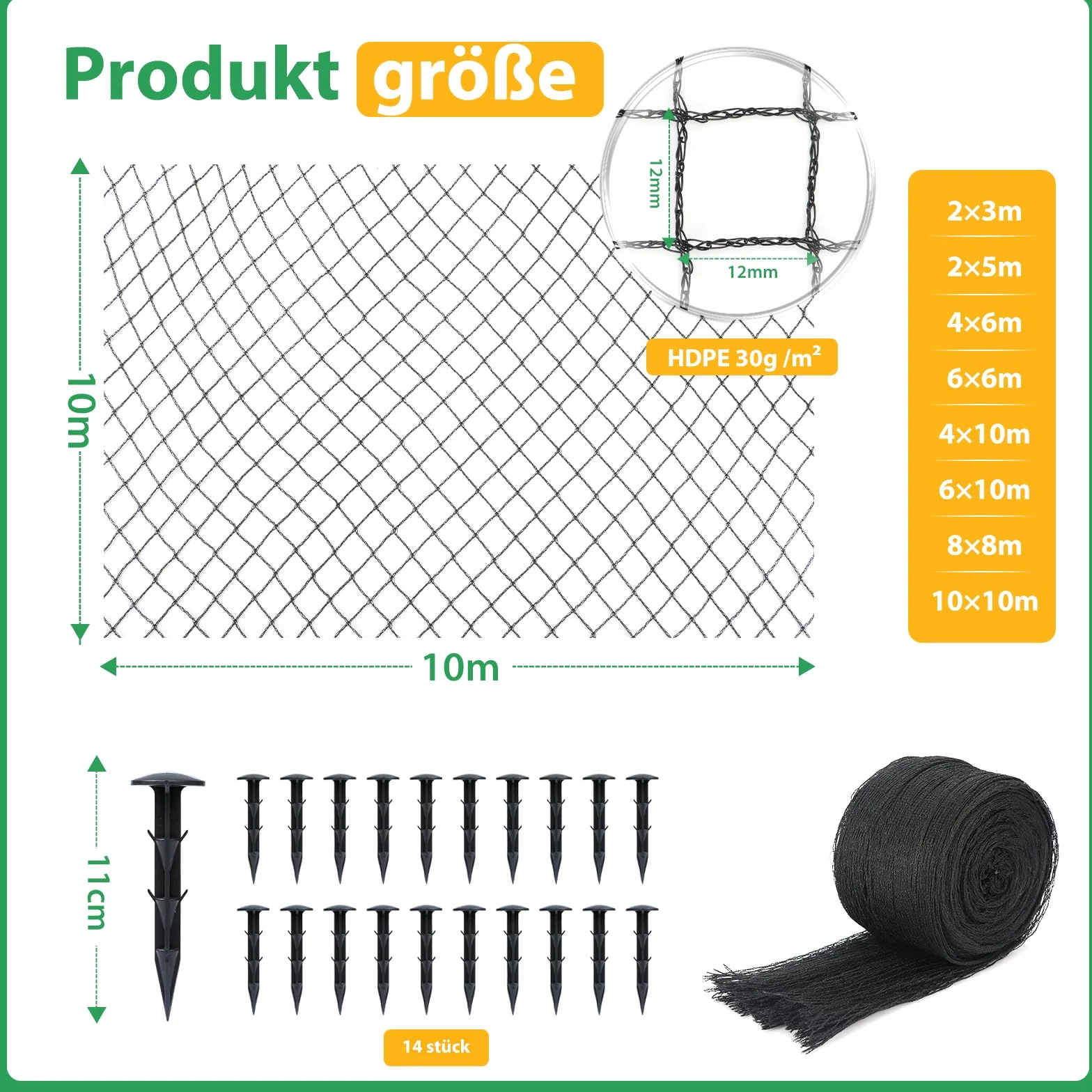 Filet de protection oiseaux pigeons 12x12 mm maille fine 30 g/m² résistant UV bâche piscine arbres fruitiers