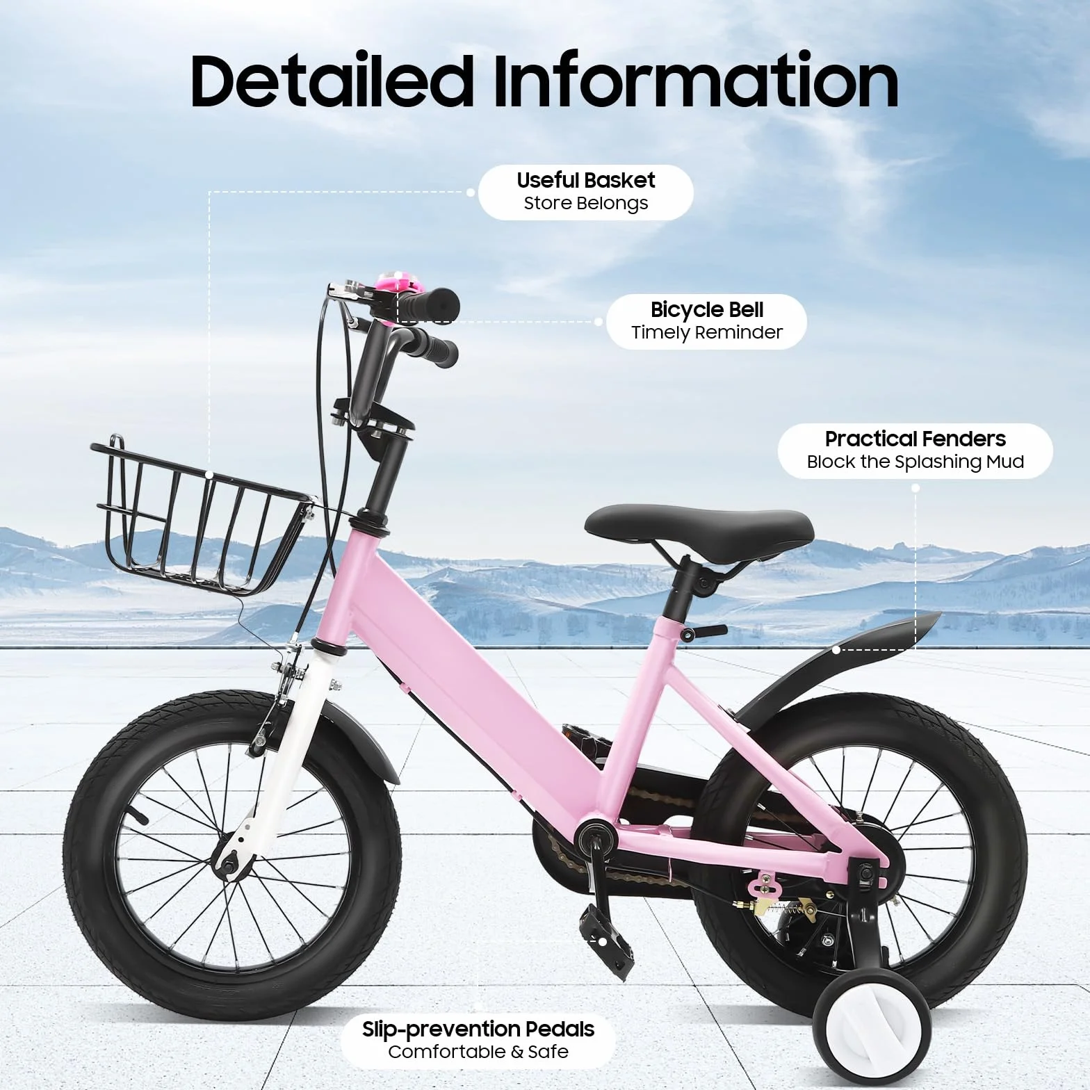 Vélo enfant 14" pour 3 à 5 ans | Roues stabilisatrices, panier et garde-boue avec | Siège réglable en hauteur | Pour filles et garçons | Rose