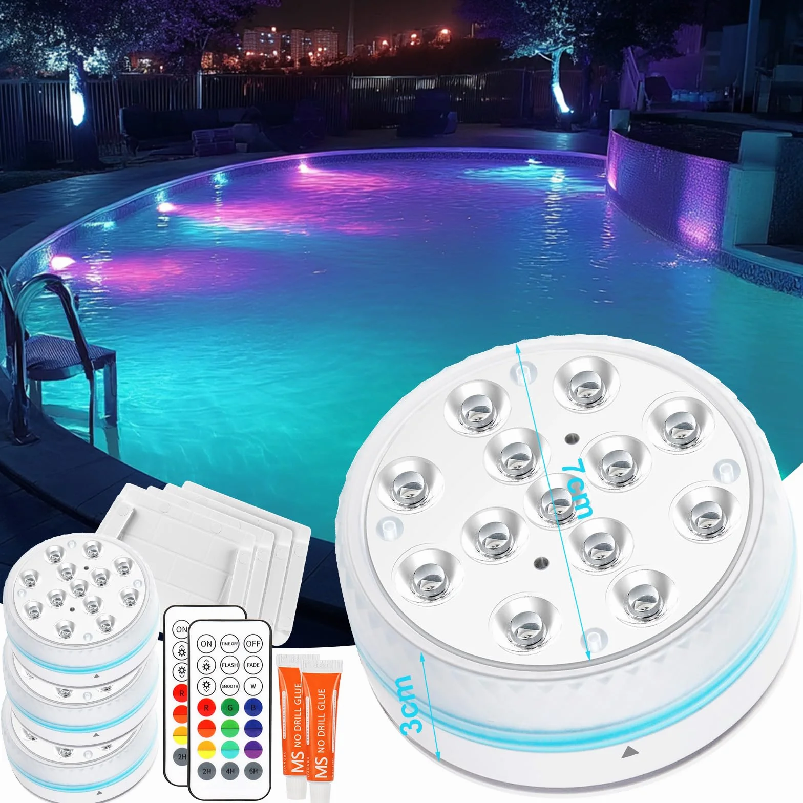 Lumiere Piscine LED Submersible avec Télécommande IP68 Étanche Lumières Sous-marines 4 Pièce