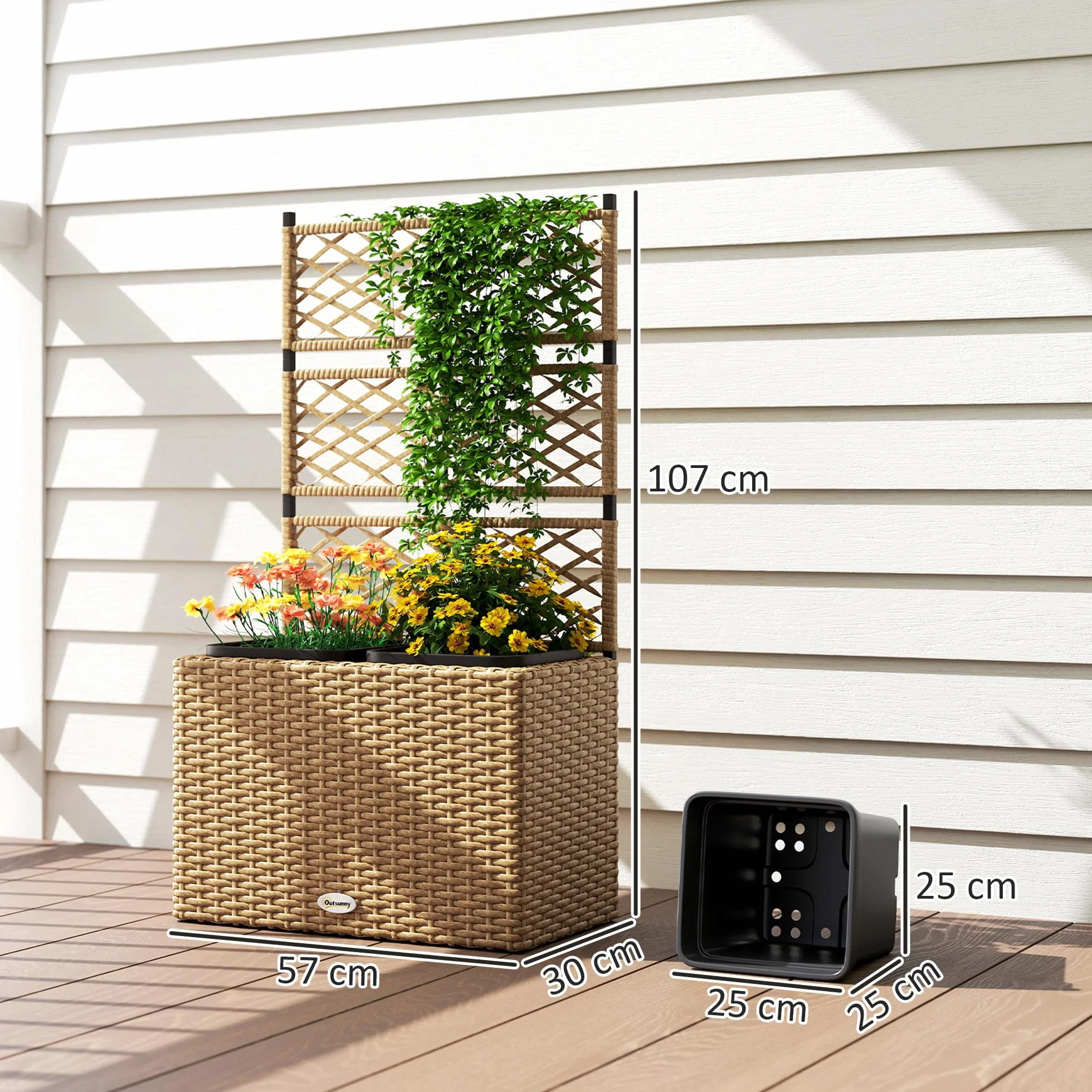Outsunny Jardinière pour Plantes avec Treillis 2 Pots, 22L, Résine Tressée et Acier, 57 x 30 x 107 cm, Sable