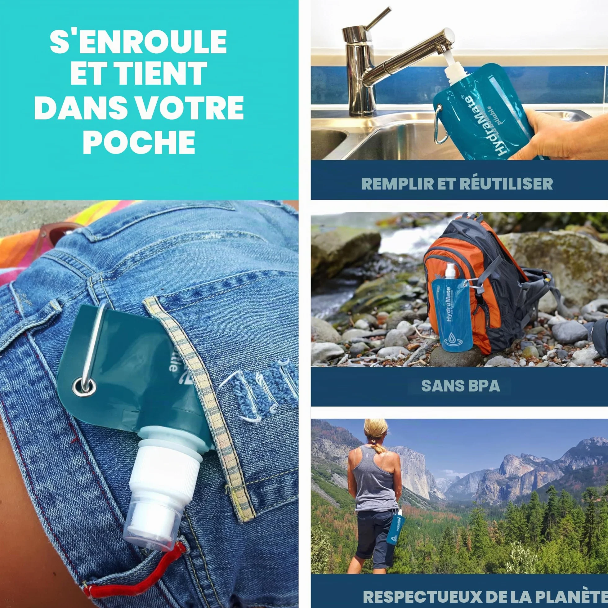 SwimCell Gourde Souple Bouteille Pliable - Poche A Eau 750ml Légère Flexible Sans BPA. Bouteille De Voyage, Camping, Festival, Activités Extérieures. Réutilisable Durable. Mousqueton Inclus. Bleu