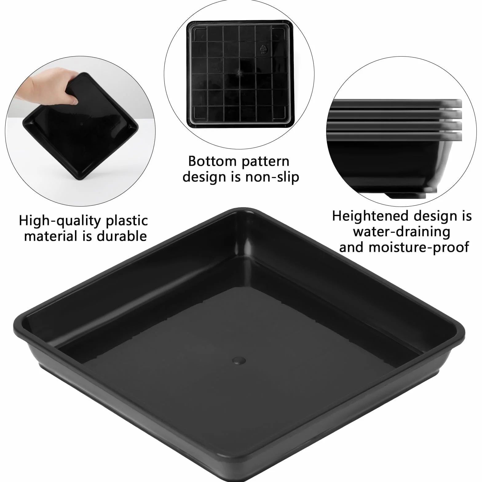 Soucoupe Carrée 35x35cm Noir Plastique Pot de Fleur Extérieur Intérieur 4 Pièces