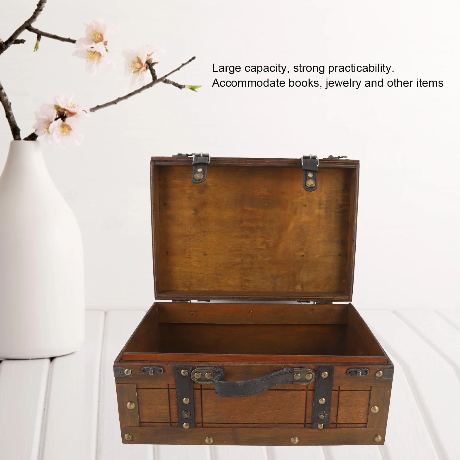 Coffre de Rangement en Bois Rétro Vikye avec 2 Verrous en Bronze, Grand