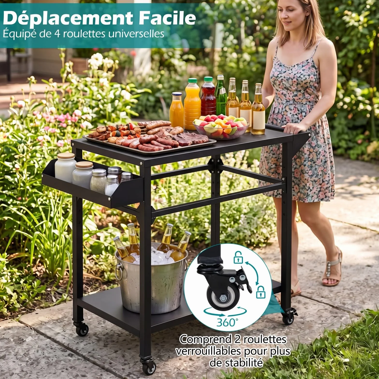 COSTWAY Chariot de Barbecue d'Extérieur 2 Niveaux, Table de Four à Pizza Mobile 100 x 45 x 80 cm