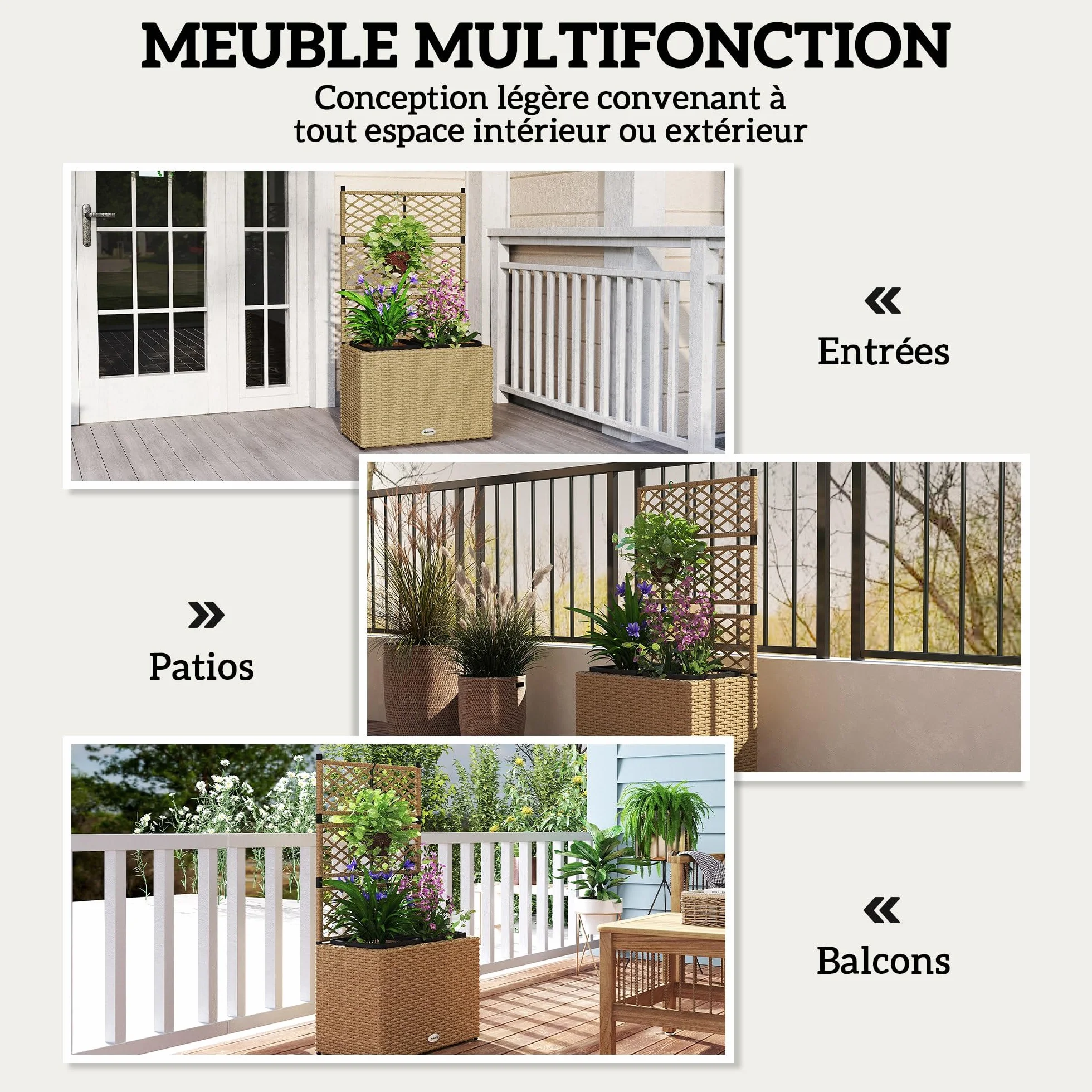 Outsunny Jardinière pour Plantes avec Treillis 2 Pots, 22L, Résine Tressée et Acier, 57 x 30 x 107 cm, Sable