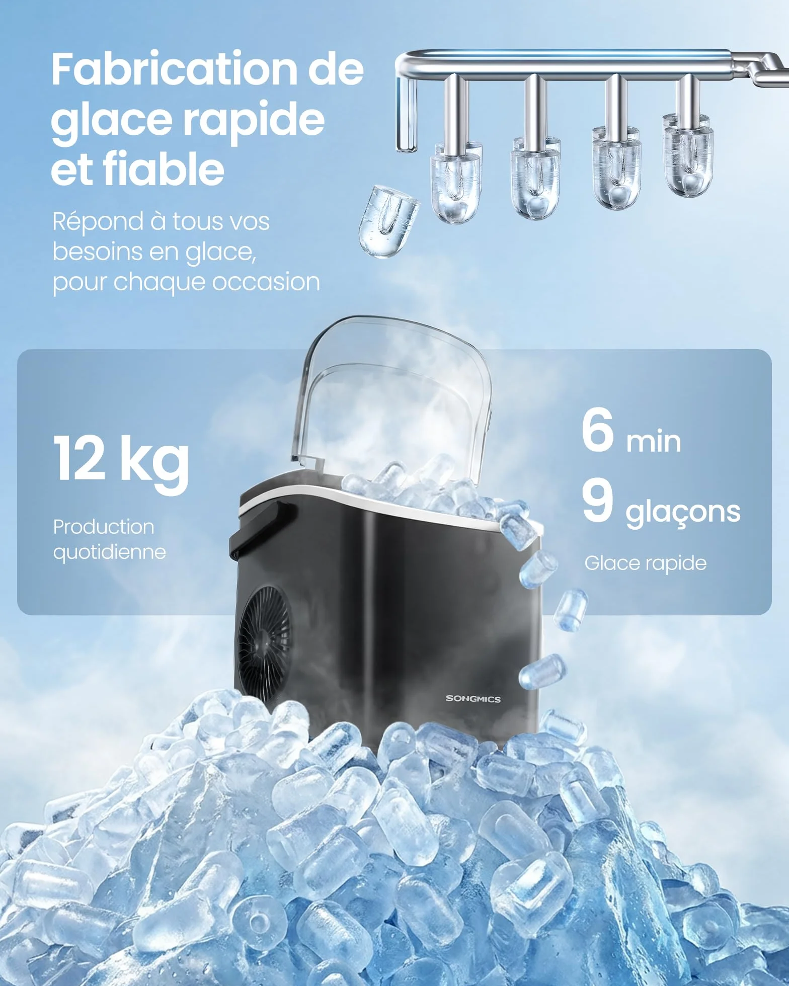 SONGMICS Machine à Glaçons de Comptoir, Auto-Nettoyage, 9 Glaçons en 6 Min, 2 Tailles, 12 kg/24h, Portable, Noir