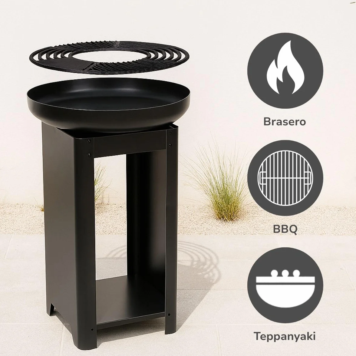 Alpina Foyer Extérieur 3 en 1 Cheminée de Jardin 61x90 cm avec Plaque Chauffante Teppanyaki Barbecue à Plancha