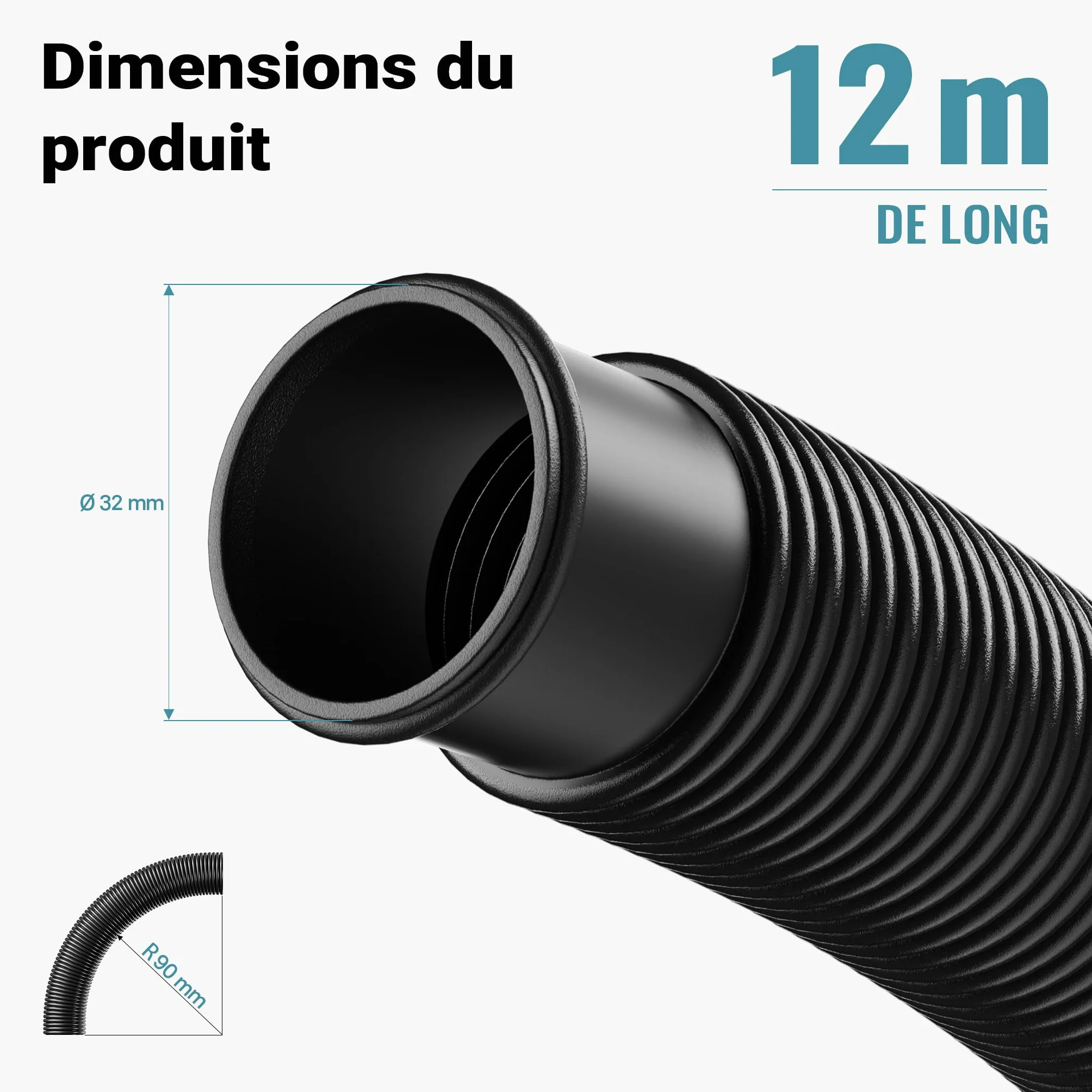 Wiltec Tuyau piscine noir 12 m Ø 32 mm solaire flottant sections préformées 165 g/m made in Europe