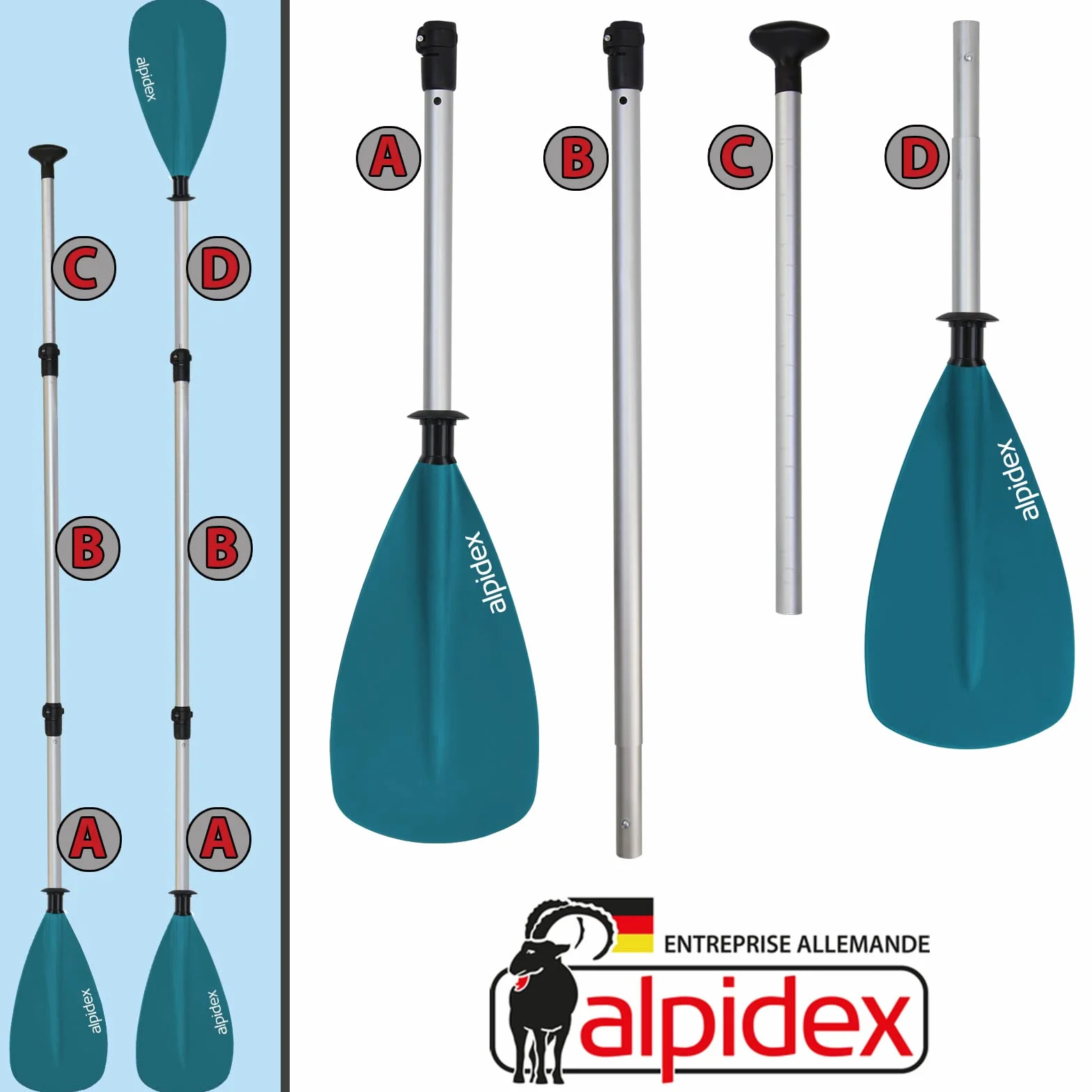 ALPIDEX 2 in 1 Pagaies Canoe Tavola Sup Réglable 160-207 cm Aluminium Pagaie Planche Gonflable Canoë Kayak Double Pagaie Paddle