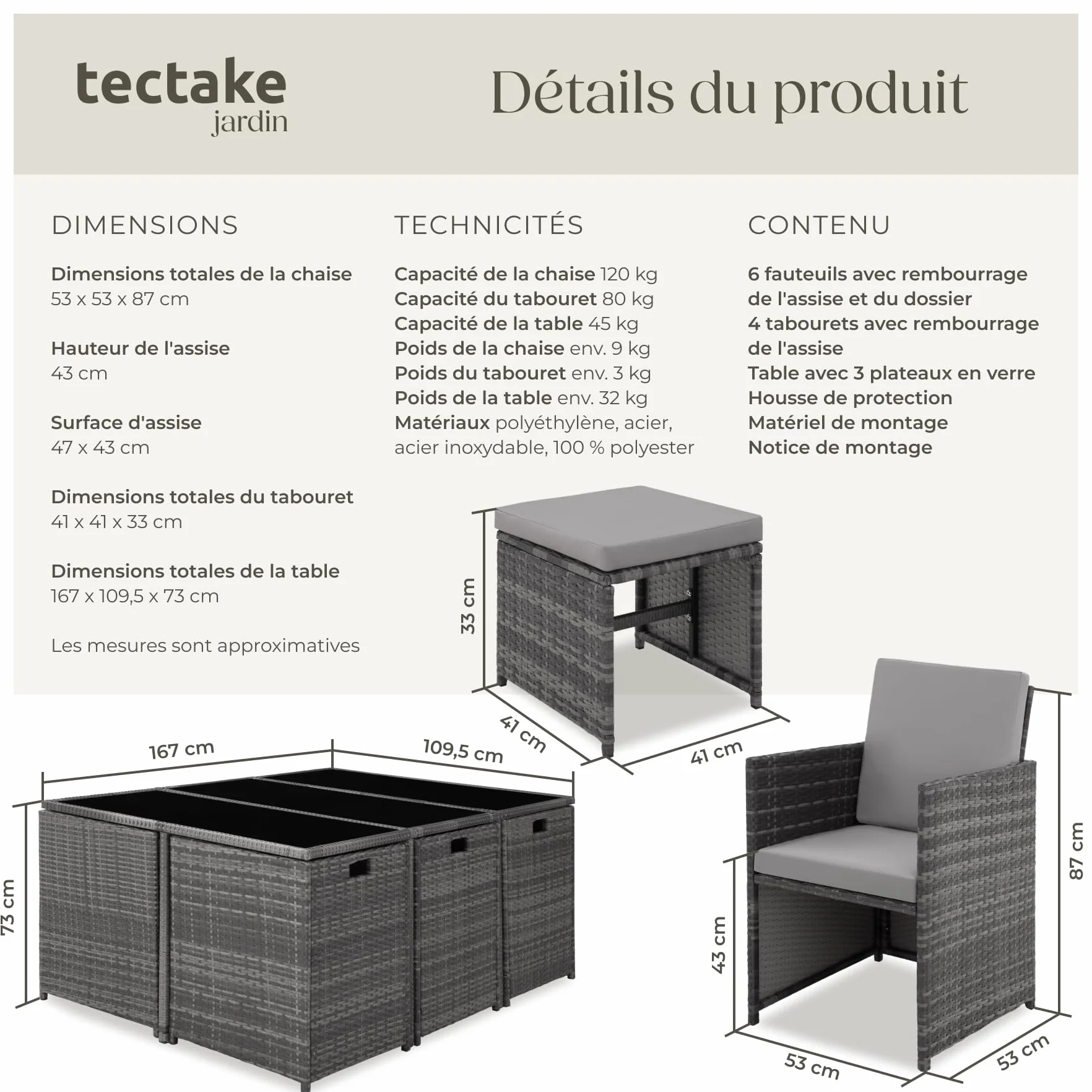 tectake Salon de Jardin Résine Tressée Poly Rotin Table 10 Personnes 6 Fauteuil 4 Tabouret Pouf Housse Protection