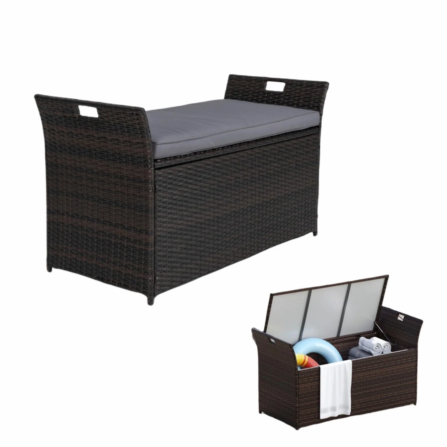 LIFEZEAL Banc Coffre de Rangement en Rotin PE 260 L avec Coussin Amovible et Poignées Latérales