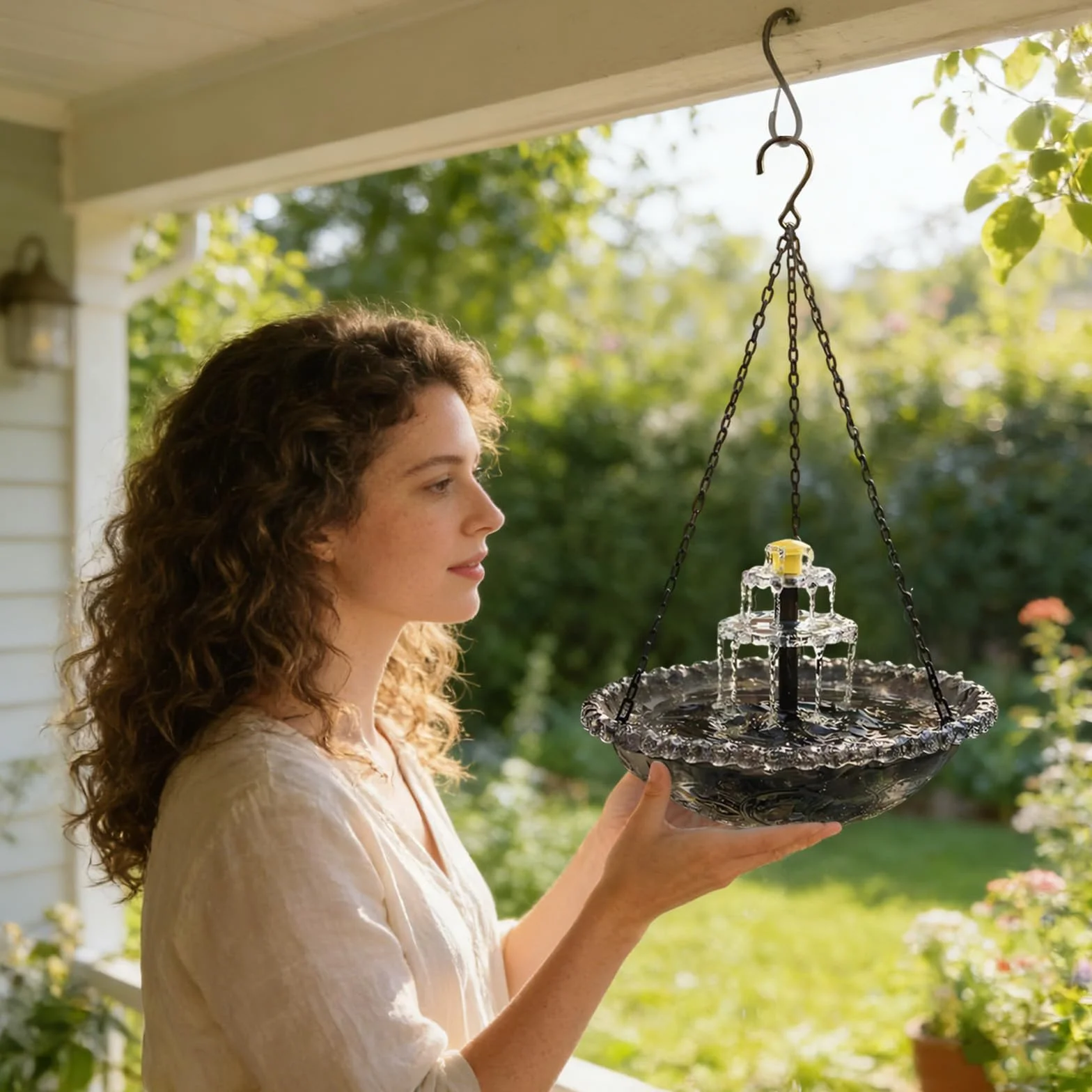 Fontaine Solaire Suspendue pour Bain d'Oiseaux en Cascade, Décor de Jardin Extérieur