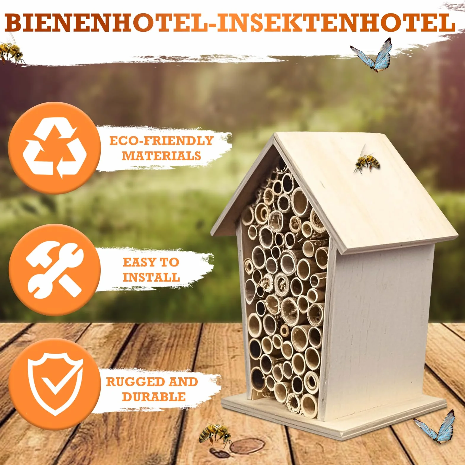 Hotel a Insectes Petite Taille en Bois Résistant aux Intempéries pour Abeilles Mellifères, Sauvages, Bourdons et Coccinelle avec Tubes en Bambou